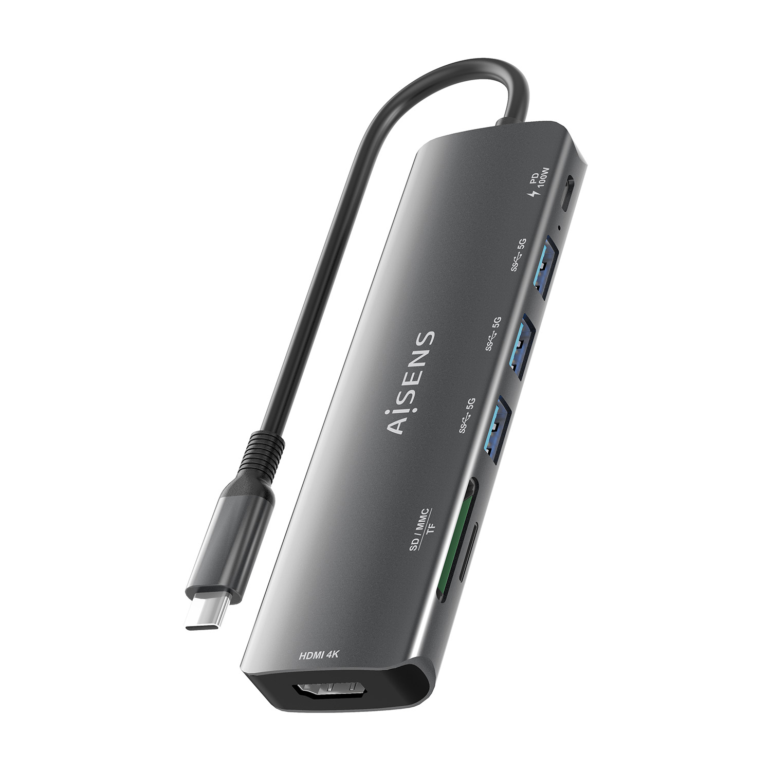 Un hub USB-C grigio con più porte, tra cui HDMI, SD/MMC e USB-A. Un cavo nero è collegato all'hub.