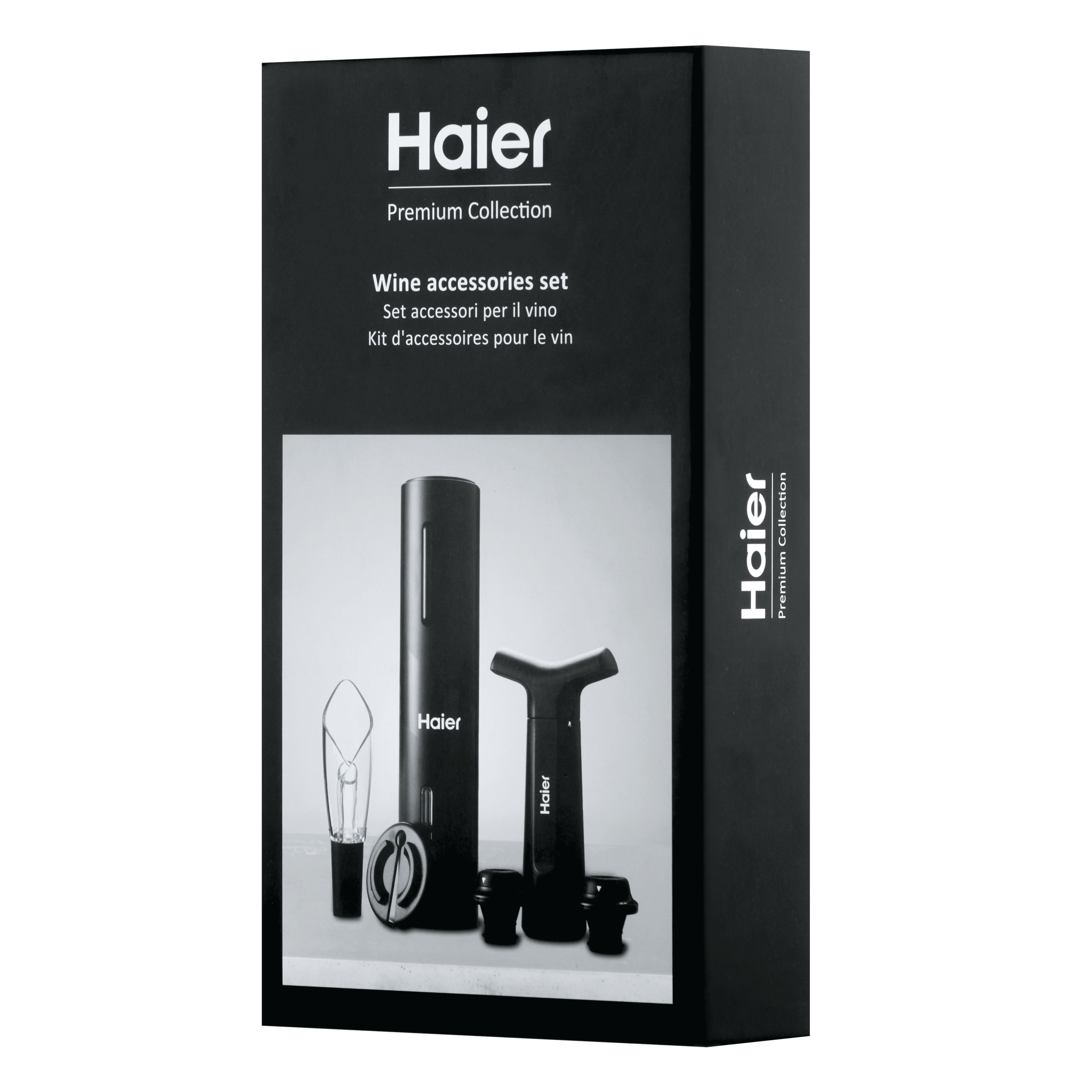 Eine schwarze Box mit der Aufschrift 'Haier Premium Collection Wine accessories set'. Sie zeigt Weinwerkzeuge: Öffner, Stopfen und Ausgießer.