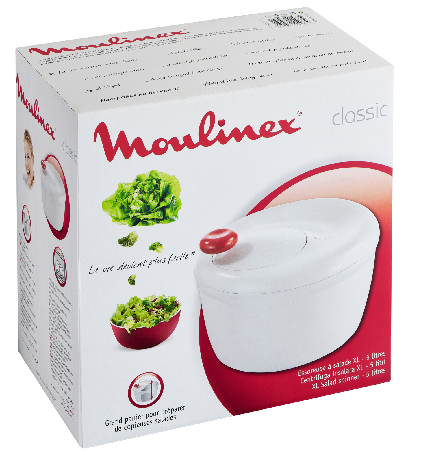 Karton mit weißem Salatschleuder, roten Akzenten und Text in mehreren Sprachen, mit Salat- und Salatillustrationen.