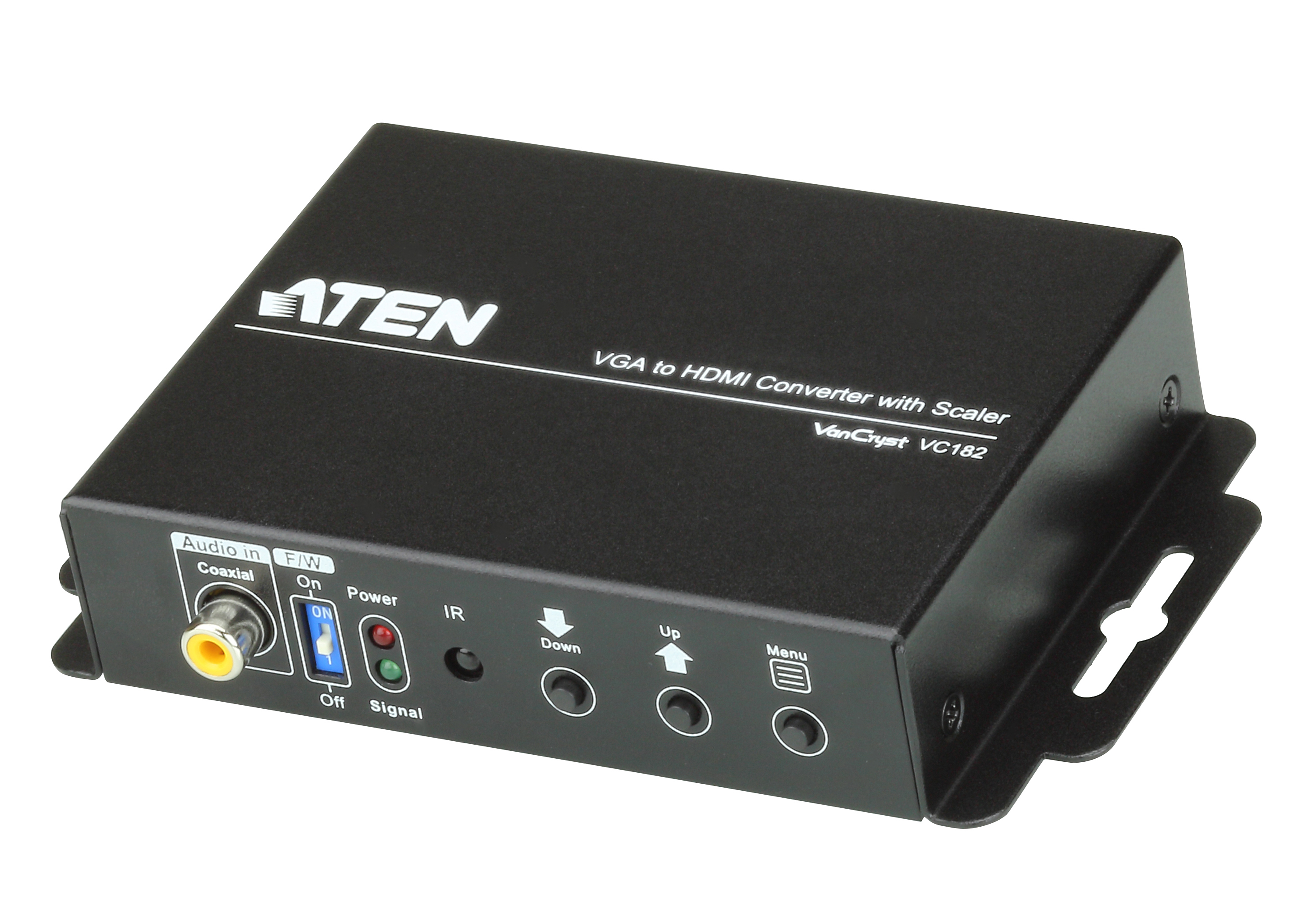 Zwarte VGA naar HDMI converter met witte tekst, knoppen en poorten. Met ATEN logo en 'VGA to HDMI Converter with Scaler'.
