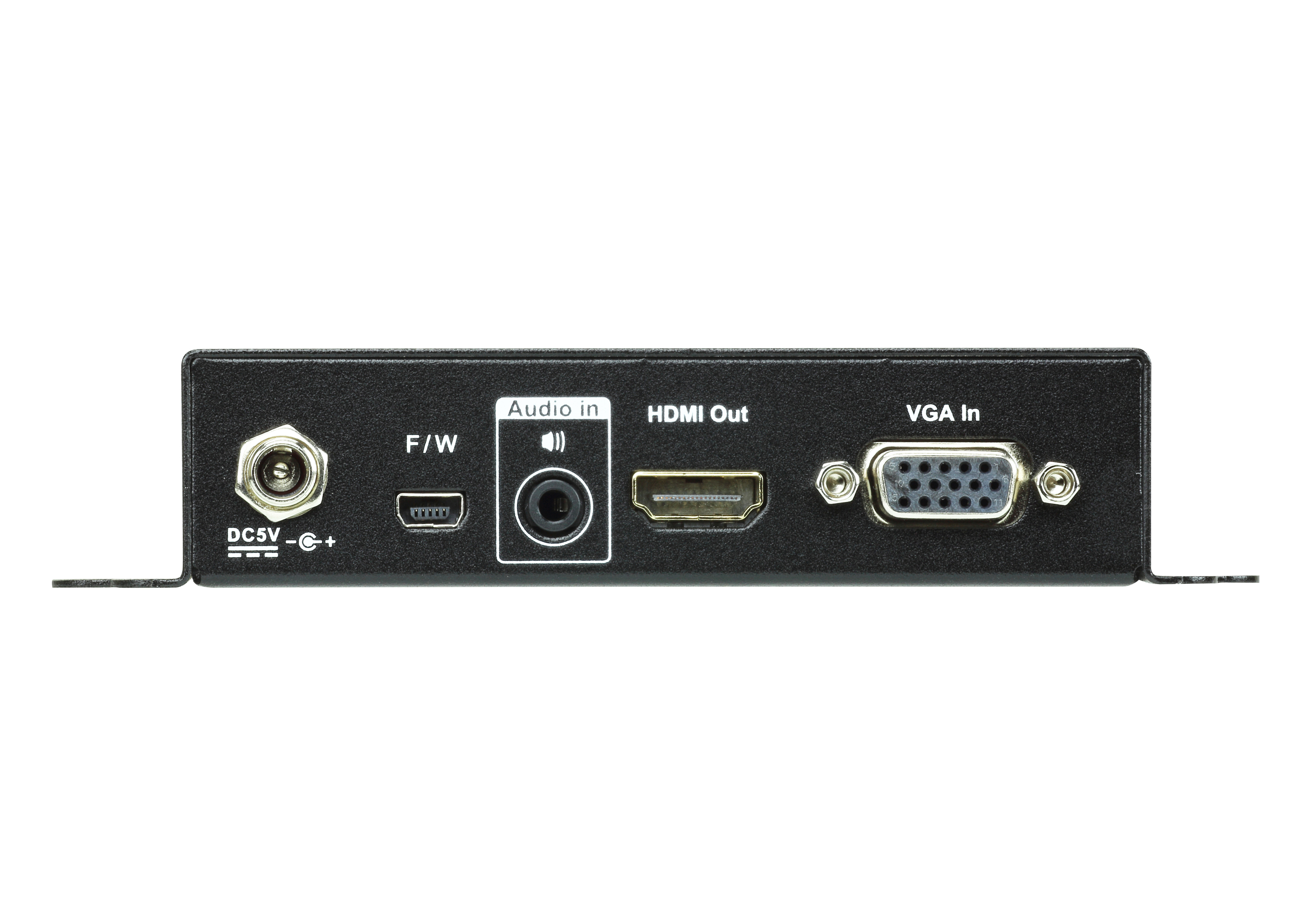Een zwart apparaat met verschillende poorten: DC5V, F/W, Audio in, HDMI Out en VGA In. Witte achtergrond.