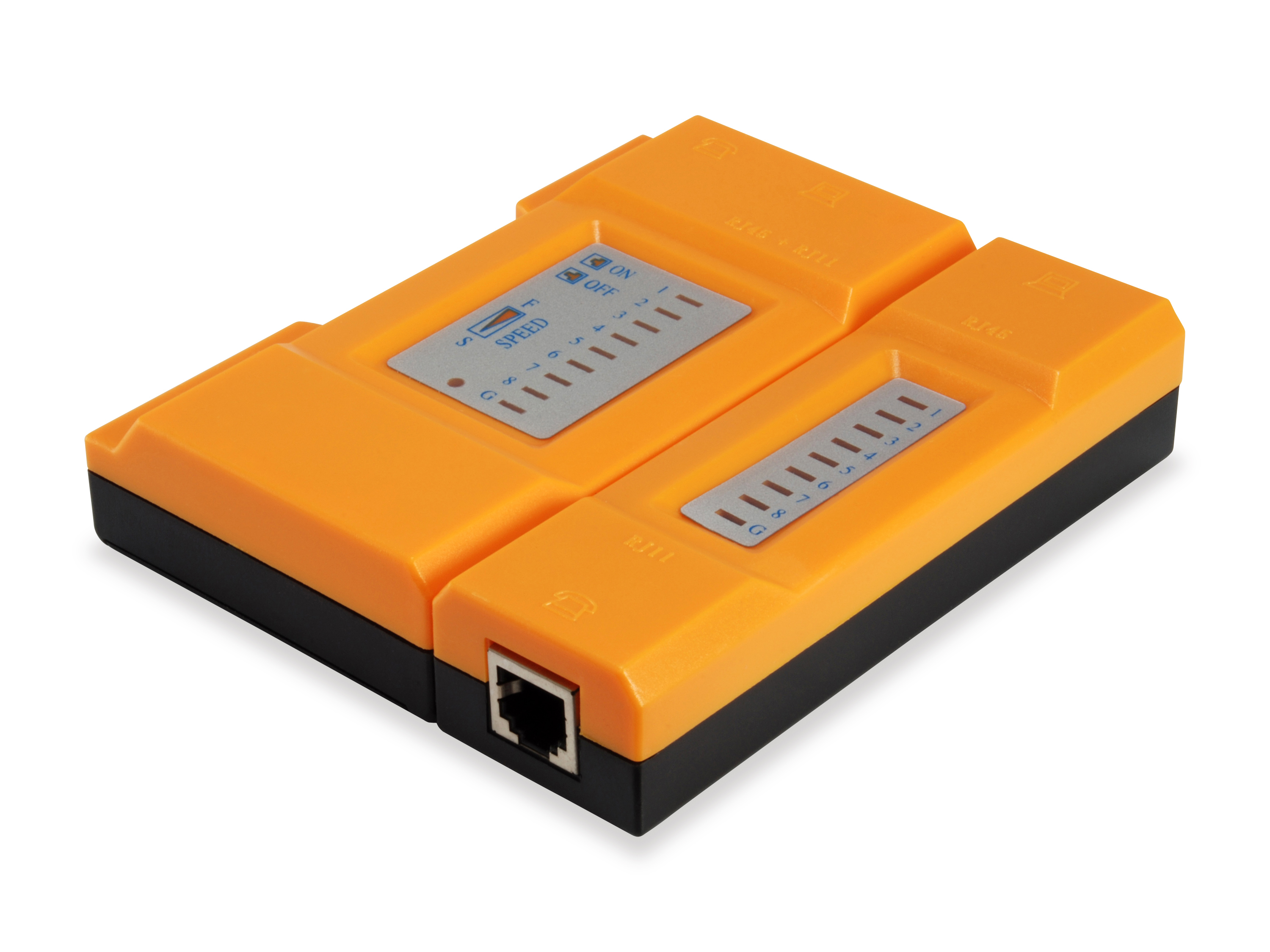 Ein orangefarbener und schwarzer Netzwerkkabeltester. Er hat RJ45- und RJ11-Anschlüsse, Knöpfe und nummerierte Lichter.