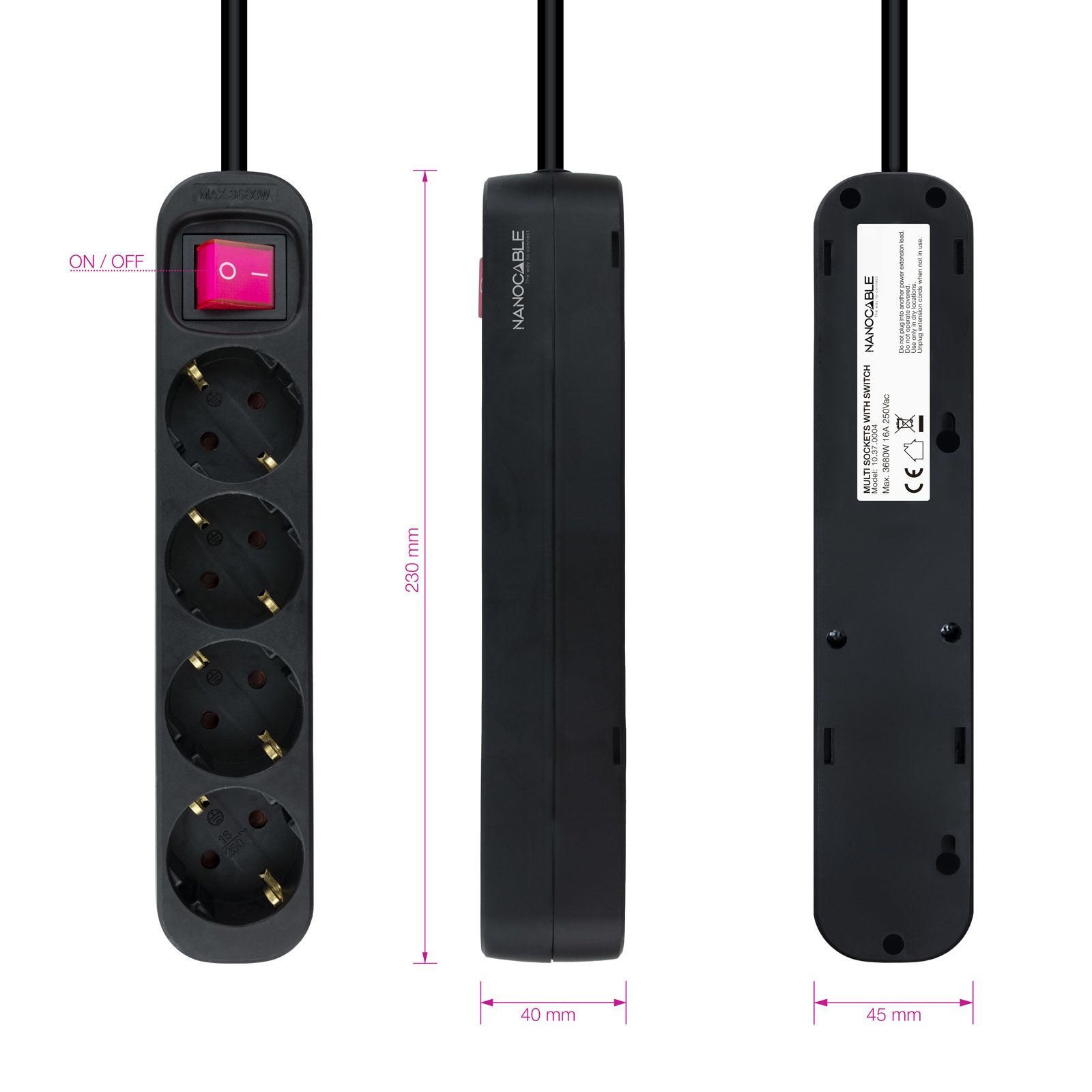 Czarna listwa zasilająca z 4 gniazdami, czerwonym włącznikiem/wyłącznikiem i wymiarami. Marka Nanocable.