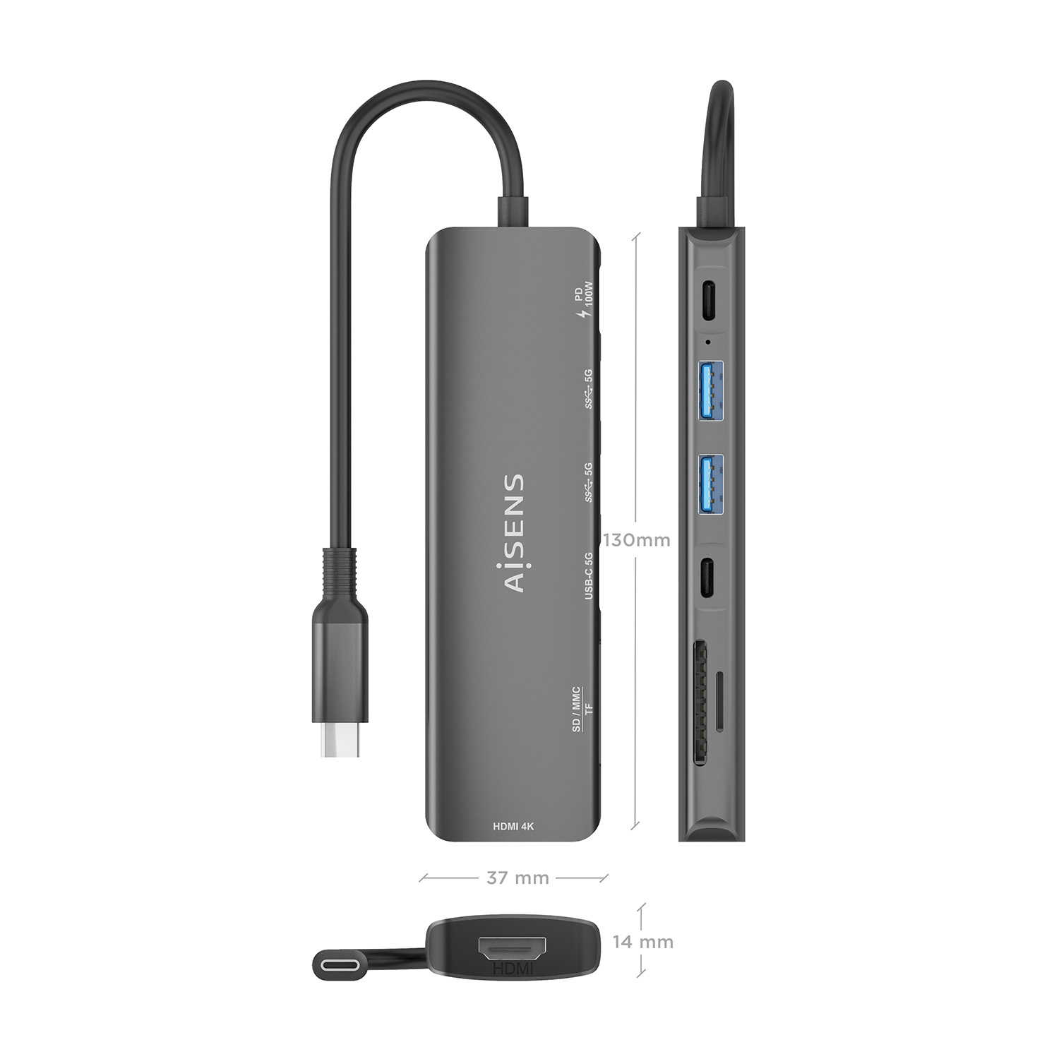 Un hub USB-C grigio con più porte, tra cui HDMI, USB e slot per schede SD. Le dimensioni sono indicate.