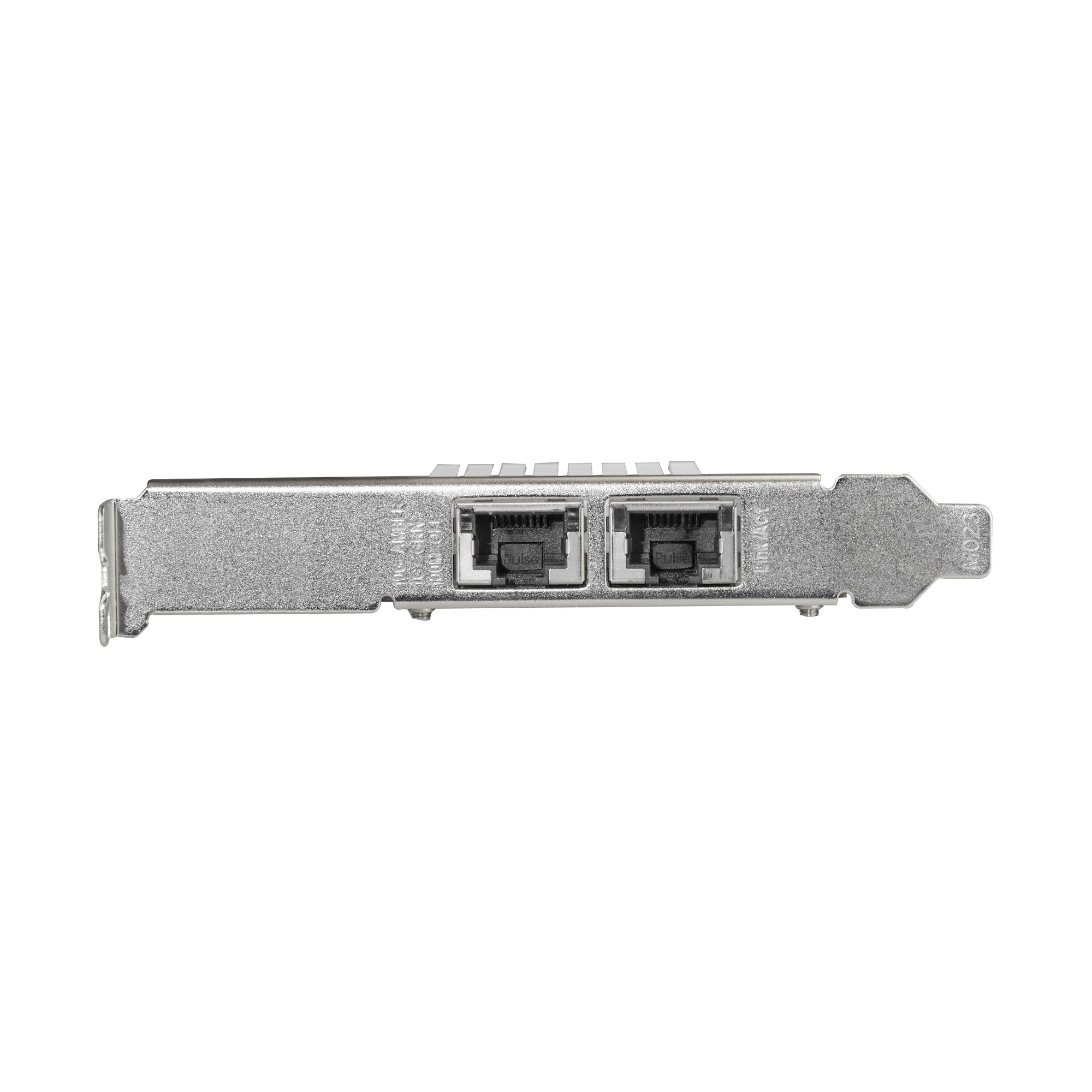 Eine silberne Netzwerkkarte mit zwei schwarzen Ethernet-Anschlüssen wird vor weißem Hintergrund gezeigt.