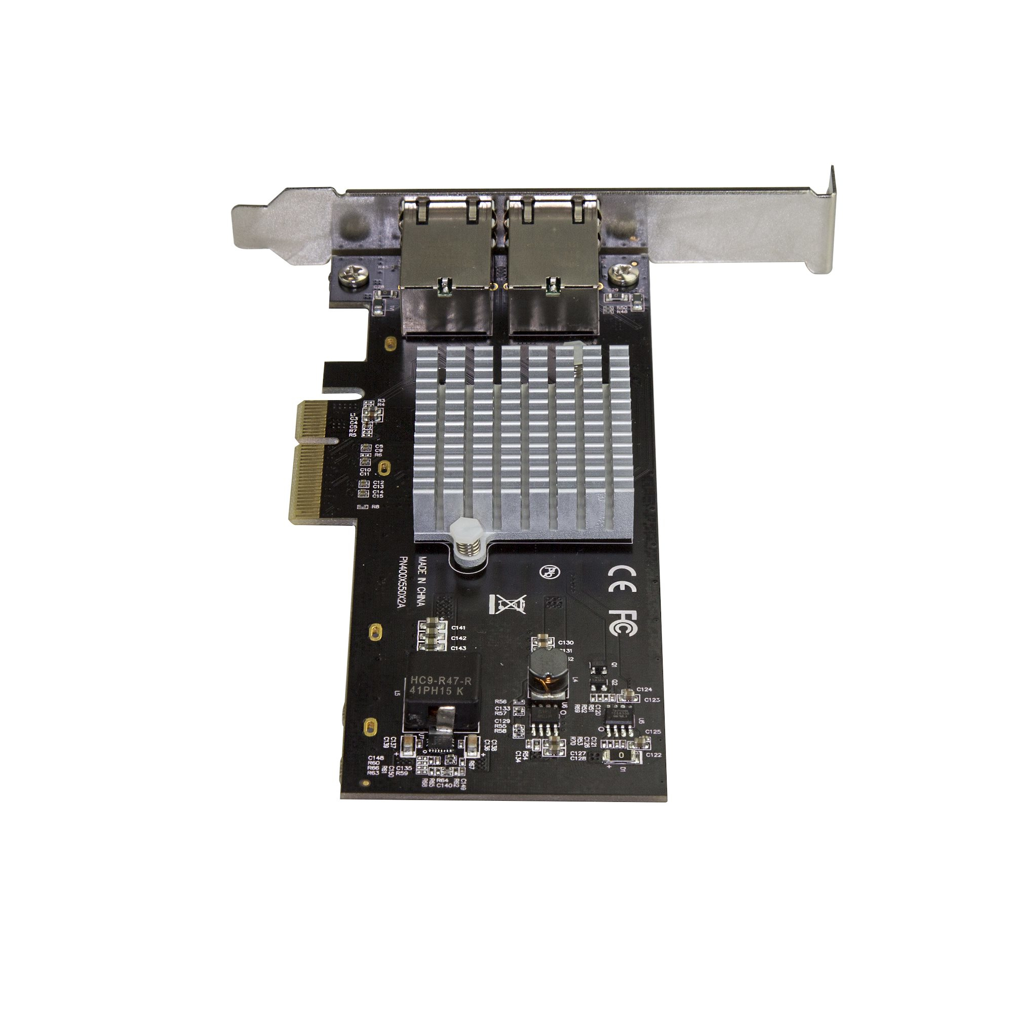 Eine schwarze Computerkomponentenkarte mit Metallanschlüssen, einem Kühlkörper und elektronischen Bauteilen.