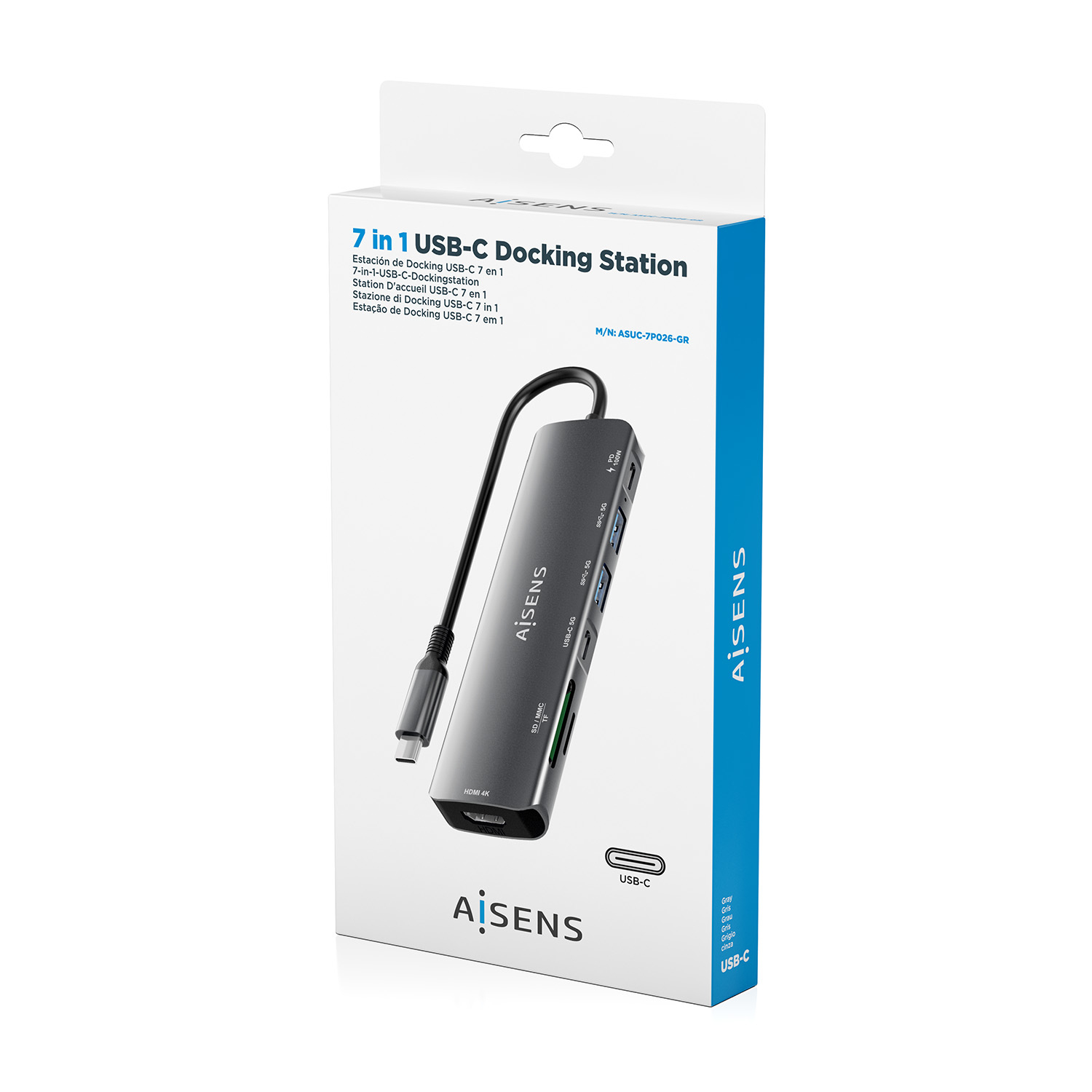 Una docking station con il marchio Aisens è esposta sulla sua confezione. Ha più porte ed è pubblicizzata come 7 in 1 USB-C.