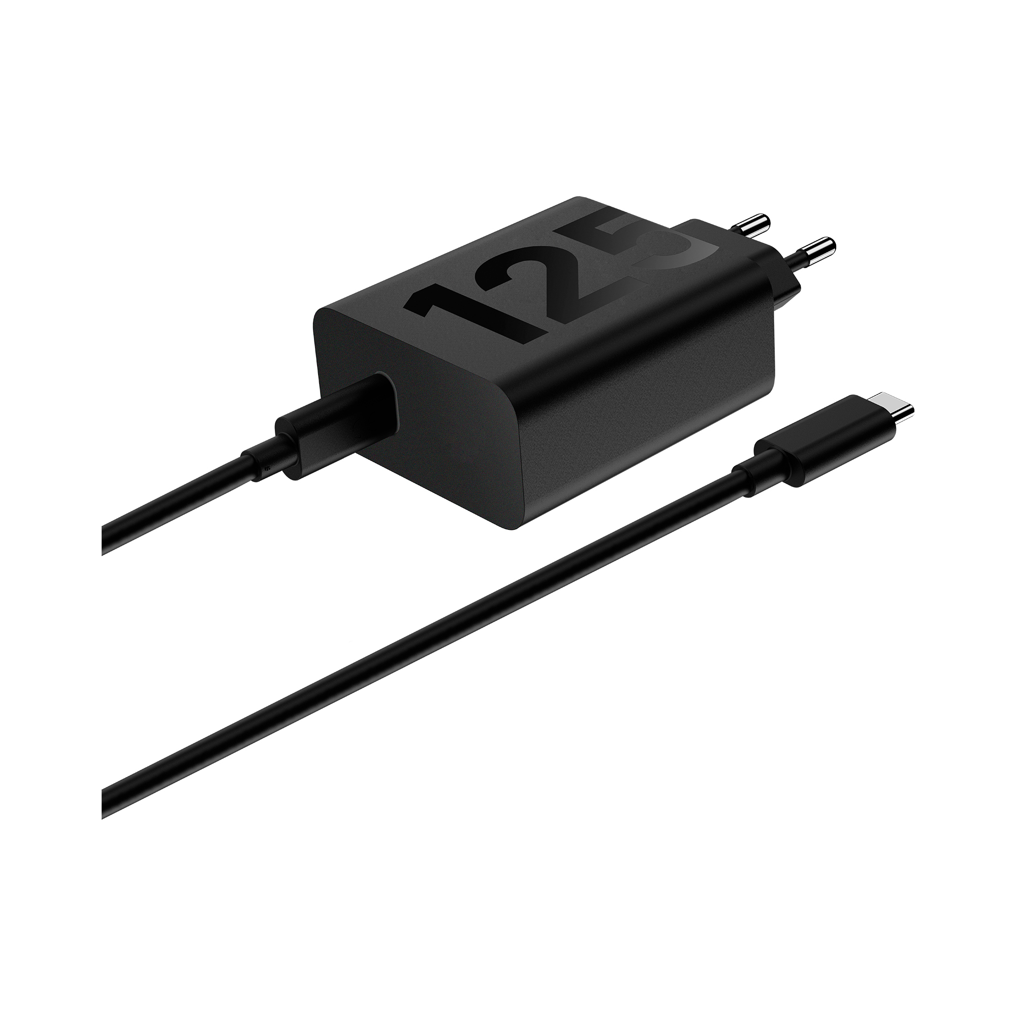 Cargador negro con cable y conector USB-C. El cargador tiene el número 125.