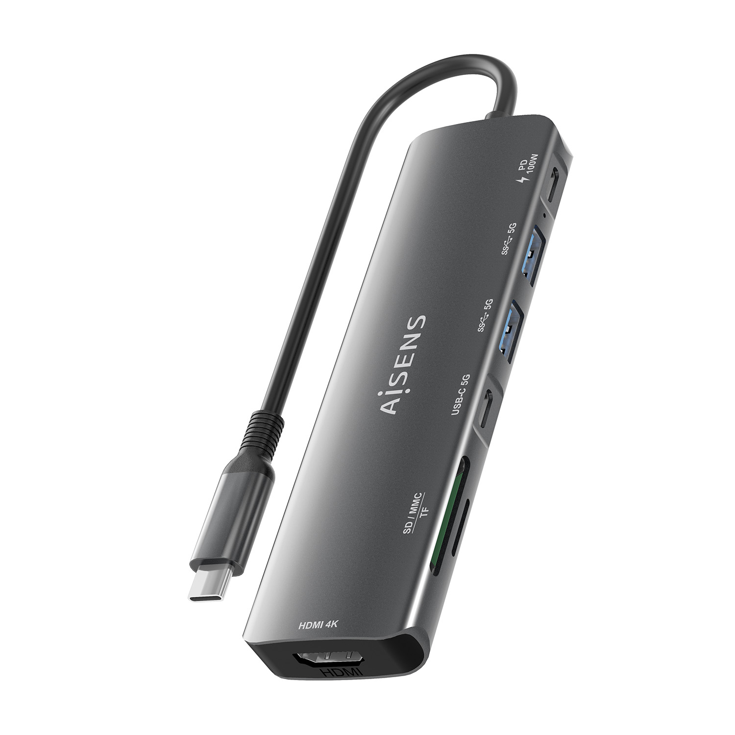 Un hub USB-C grigio con più porte, tra cui HDMI, USB e slot per schede SD. Il marchio è 'AISENS'.