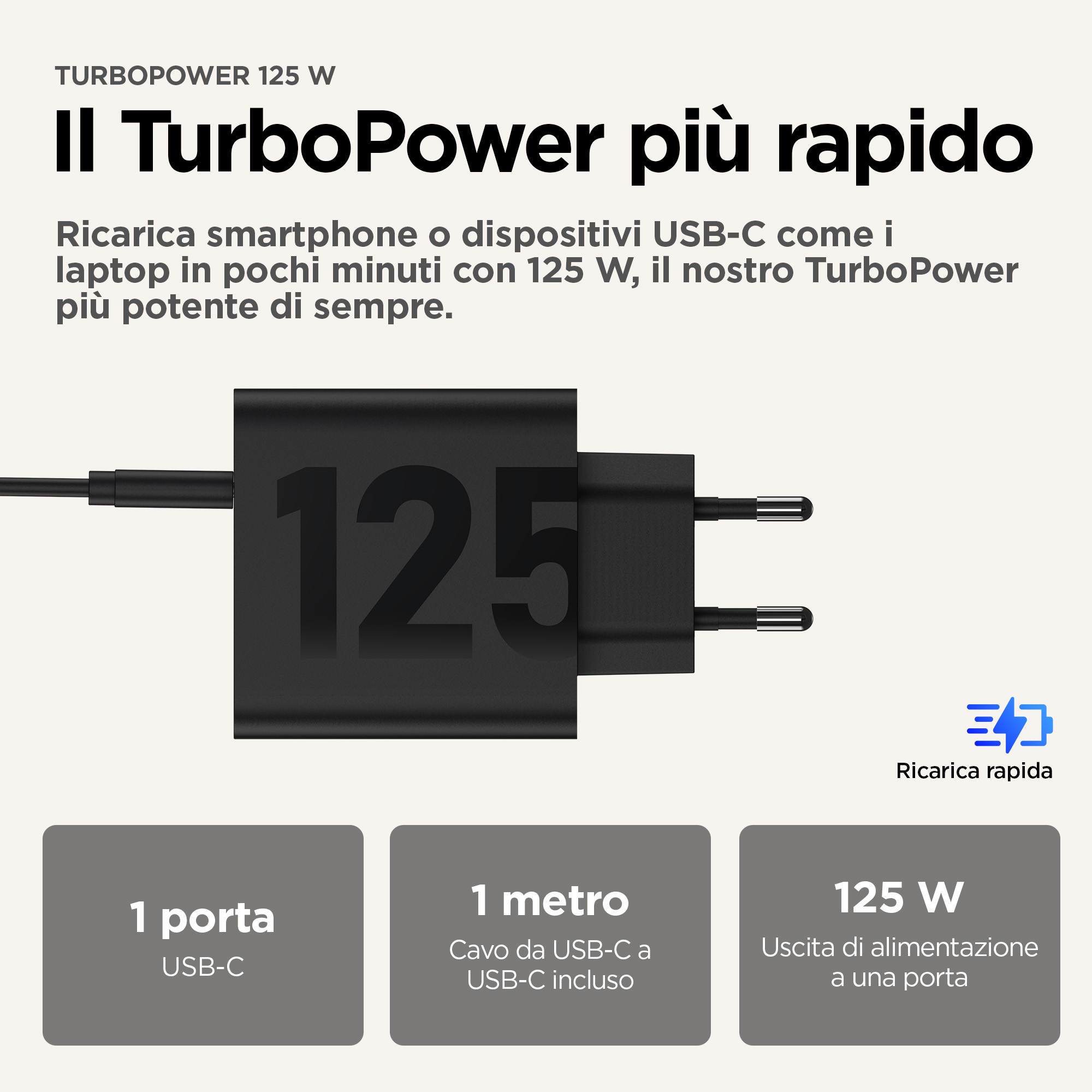 Cargador negro con '125'. El texto dice TurboPower. Incluye USB-C y salida de 125W.