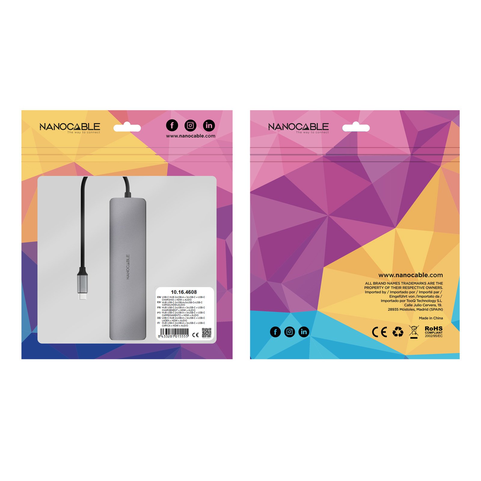 Ein grauer Nanocable USB-C-Hub wird in seiner Verpackung angezeigt. Die Verpackung ist weiß und lila mit dem Nanocable-Logo.