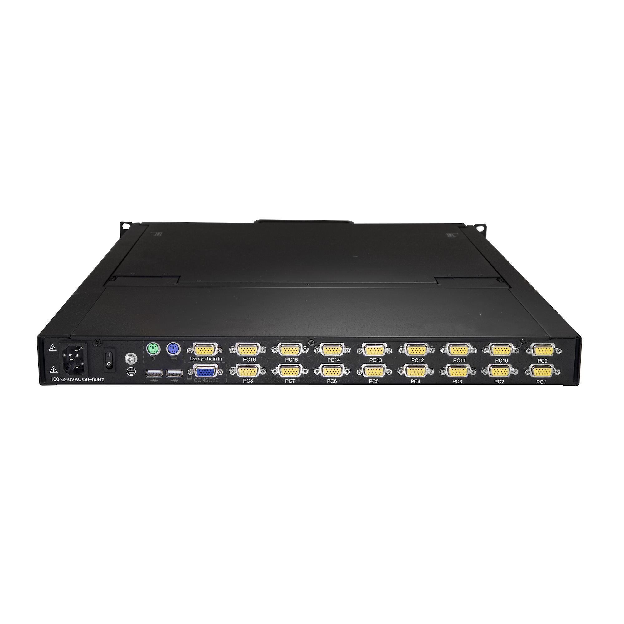 Schwarzer KVM-Switch mit mehreren Anschlüssen, beschriftet mit PC1 bis PC16, Stromeingang und weiteren Anschlüssen.