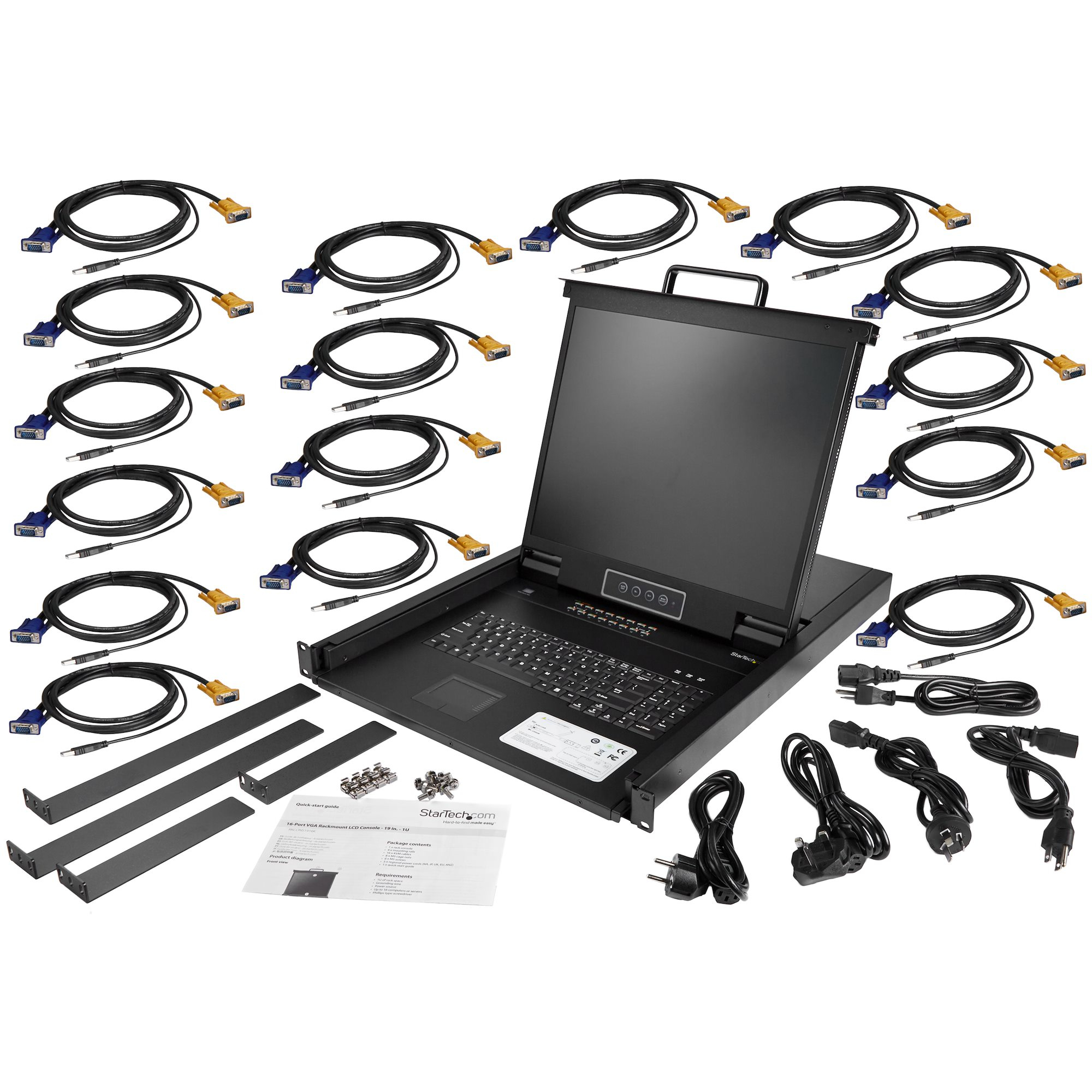 Schwarze Rackmount-Konsole mit Monitor und Tastatur, Kabeln und Netzkabeln. Verschiedene Anschlüsse sind sichtbar.