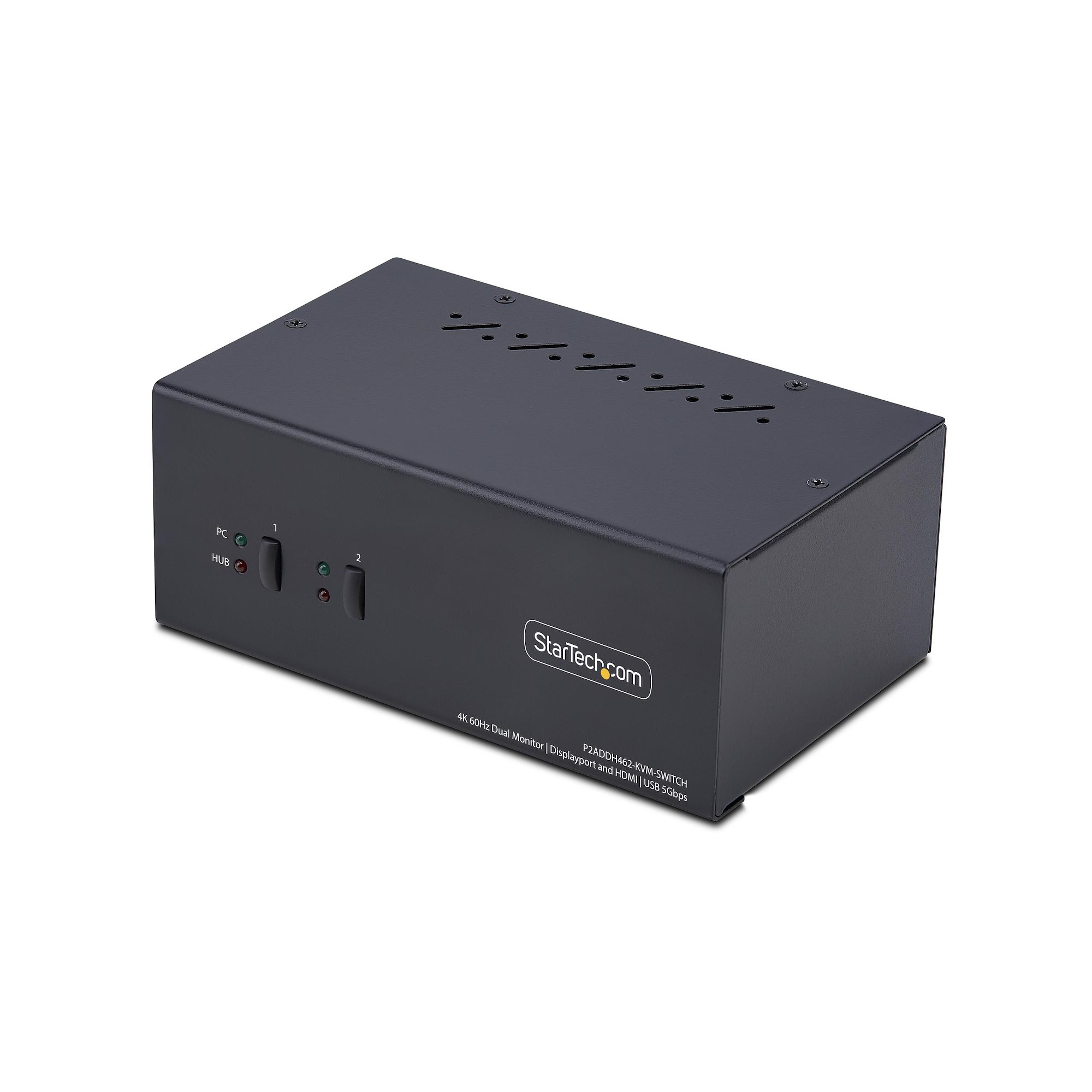 Ein schwarzer StarTech KVM-Switch auf weißem Untergrund. Er hat Knöpfe, Anschlüsse und das Firmenlogo.