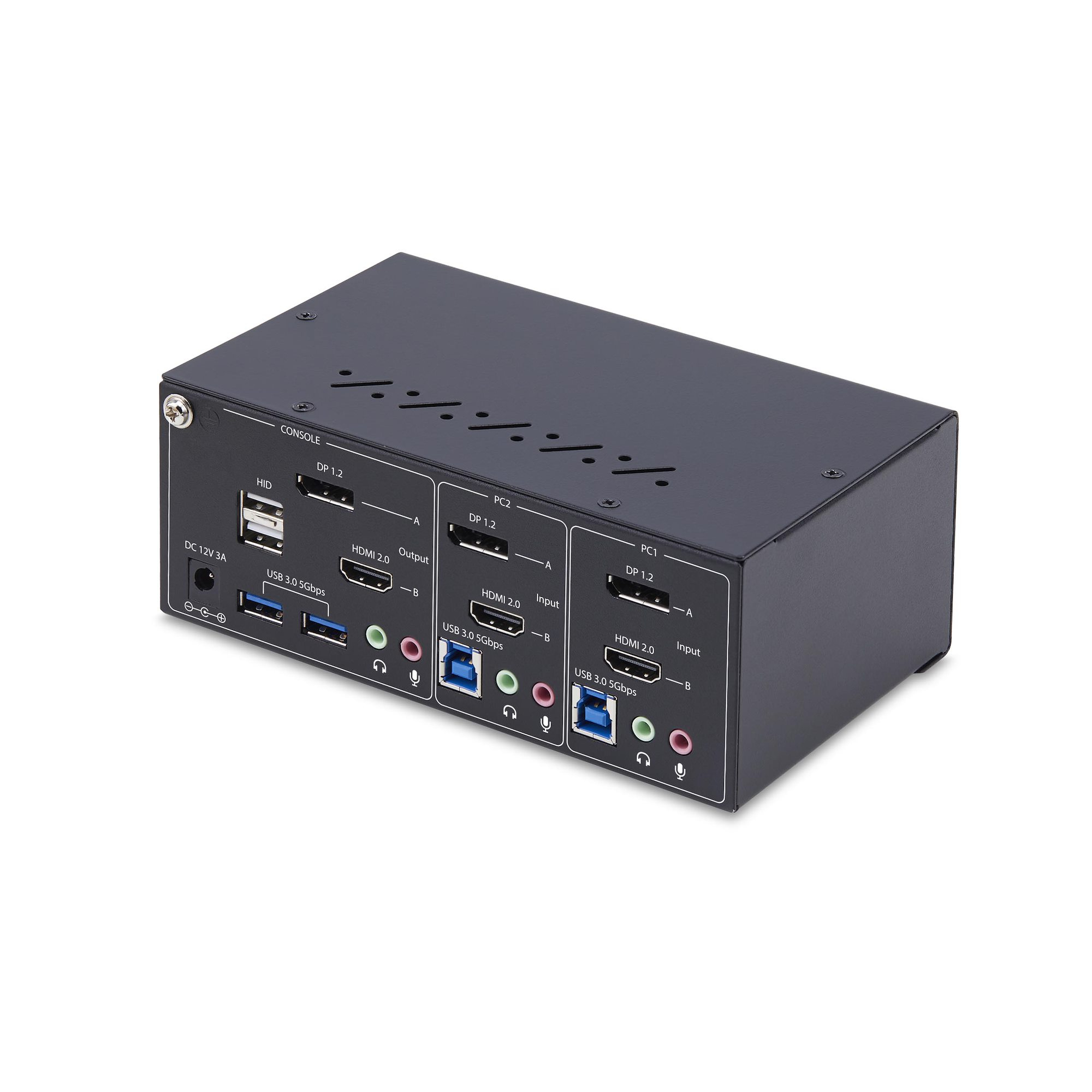 Schwarzer KVM-Switch mit mehreren Anschlüssen für HDMI, USB und Audio. Es hat mehrere Eingangs- und Ausgangsoptionen.