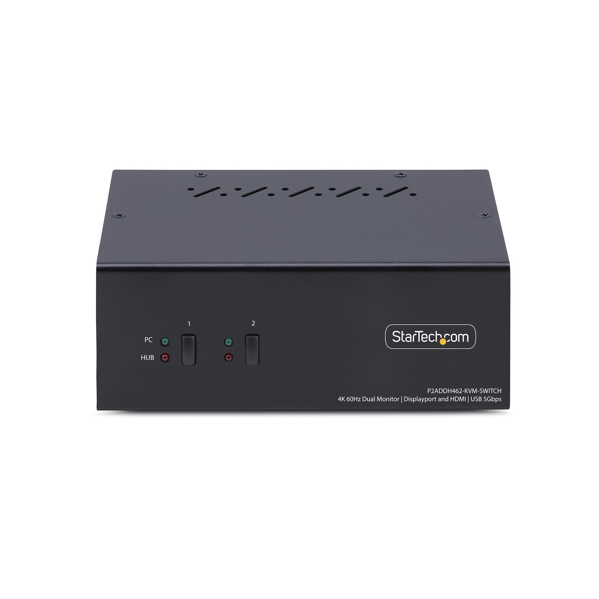 Ein schwarzer StarTech KVM-Switch mit Knöpfen, Lichtern und Beschriftungen. Es steht auf weißem Grund.