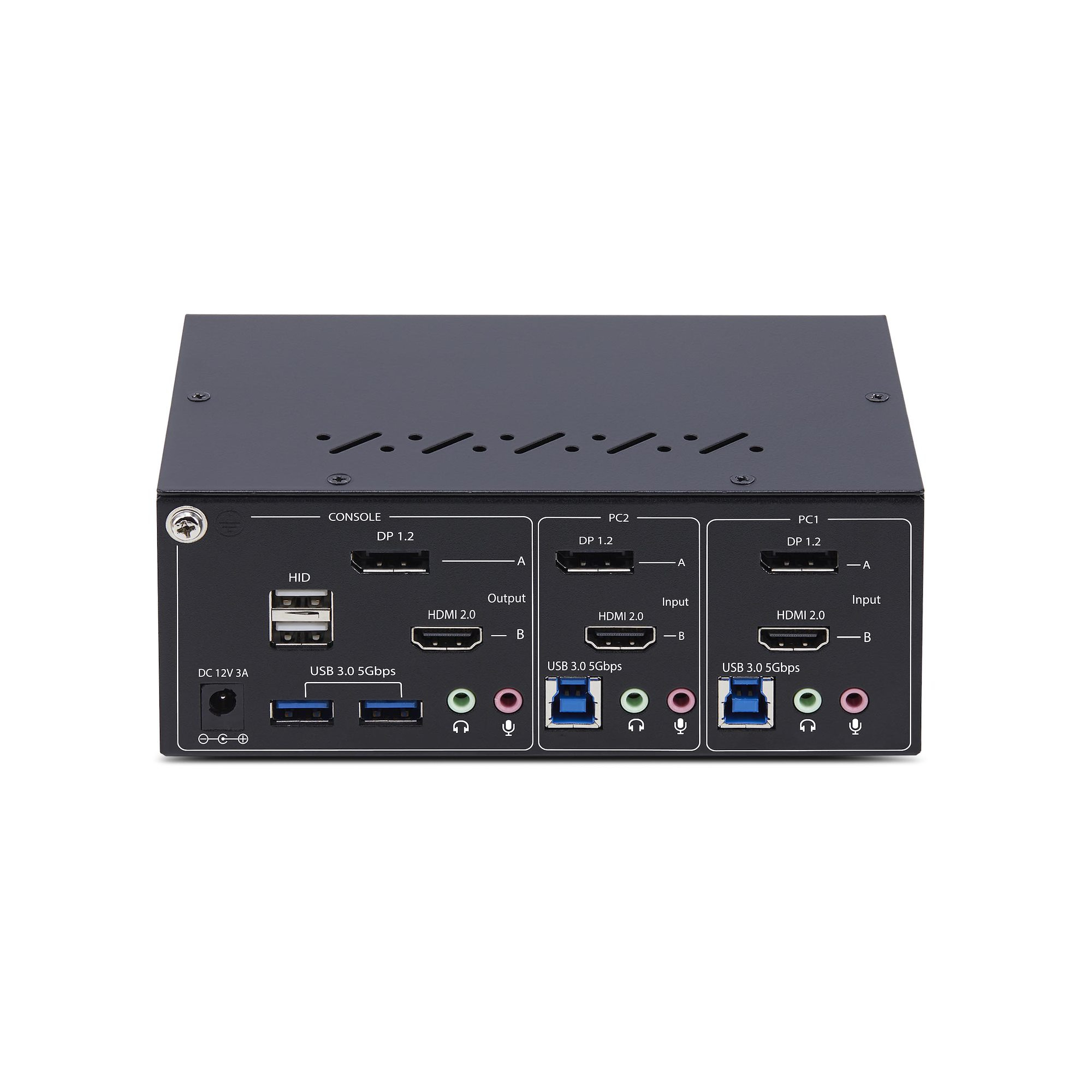 Ein schwarzes Gerät mit mehreren Anschlüssen, beschriftet mit 'DP 1.2', 'HDMI 2.0' und 'USB 3.0 5 Gbit/s' sowie Audioanschlüssen.