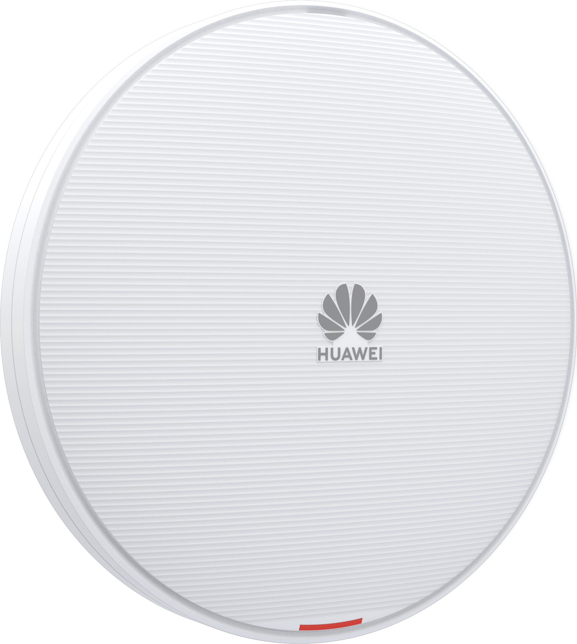 Un dispositivo Huawei blanco y circular con superficie acanalada. El logotipo de Huawei está en el centro, y una barra roja en la parte inferior.