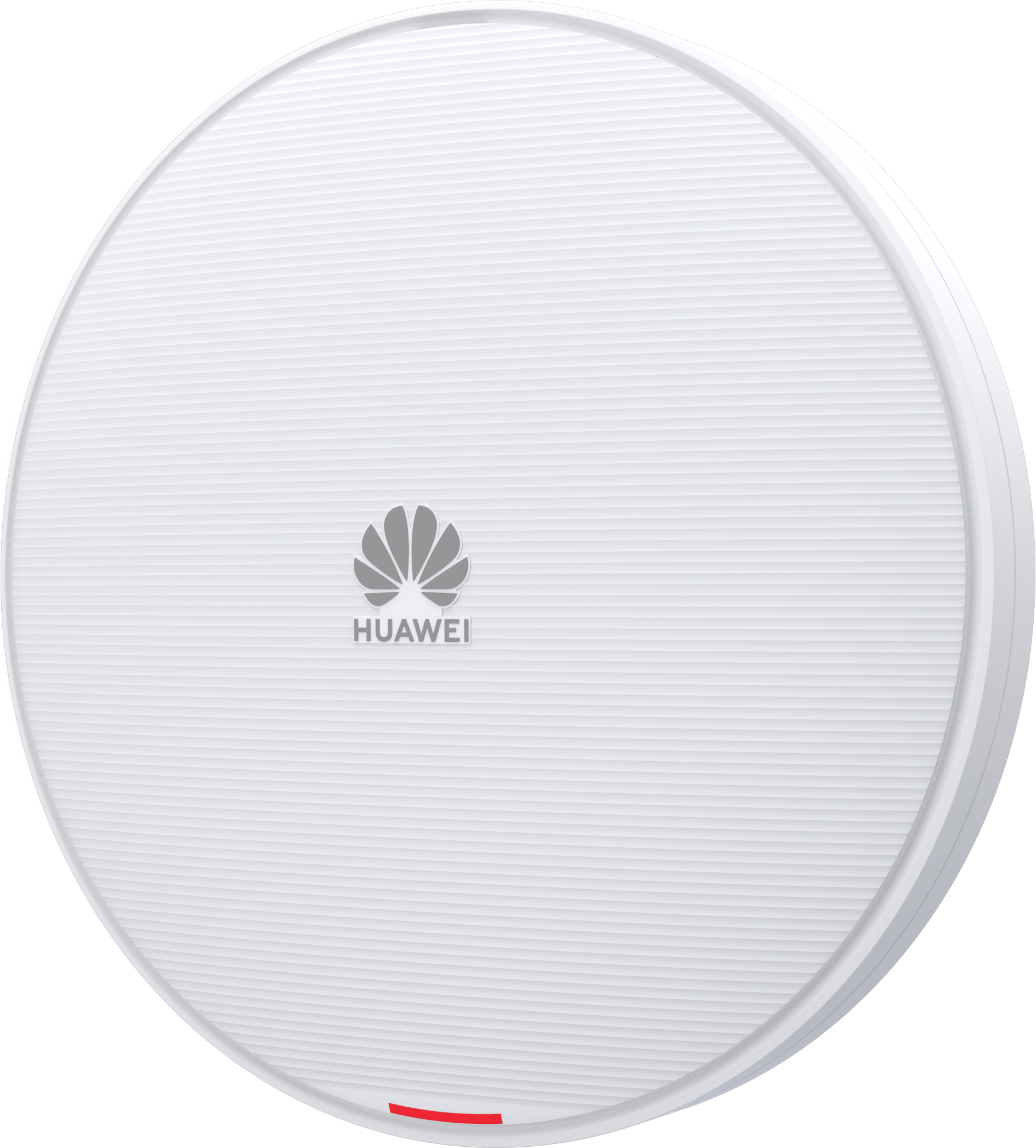 Un dispositivo Huawei blanco y circular. Tiene una superficie estriada, el logotipo de Huawei y una luz indicadora roja.
