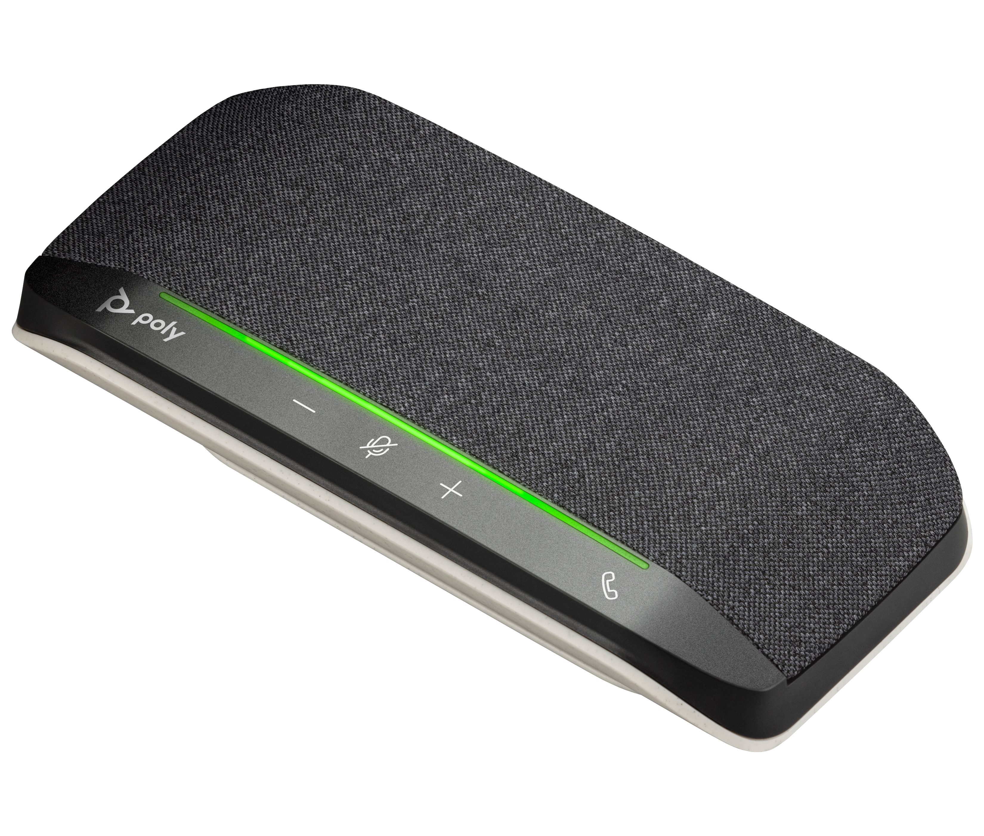 Un vivavoce Poly rettangolare con una parte superiore in tessuto grigio scuro e una striscia luminosa verde. Ha pulsanti volume e mute.