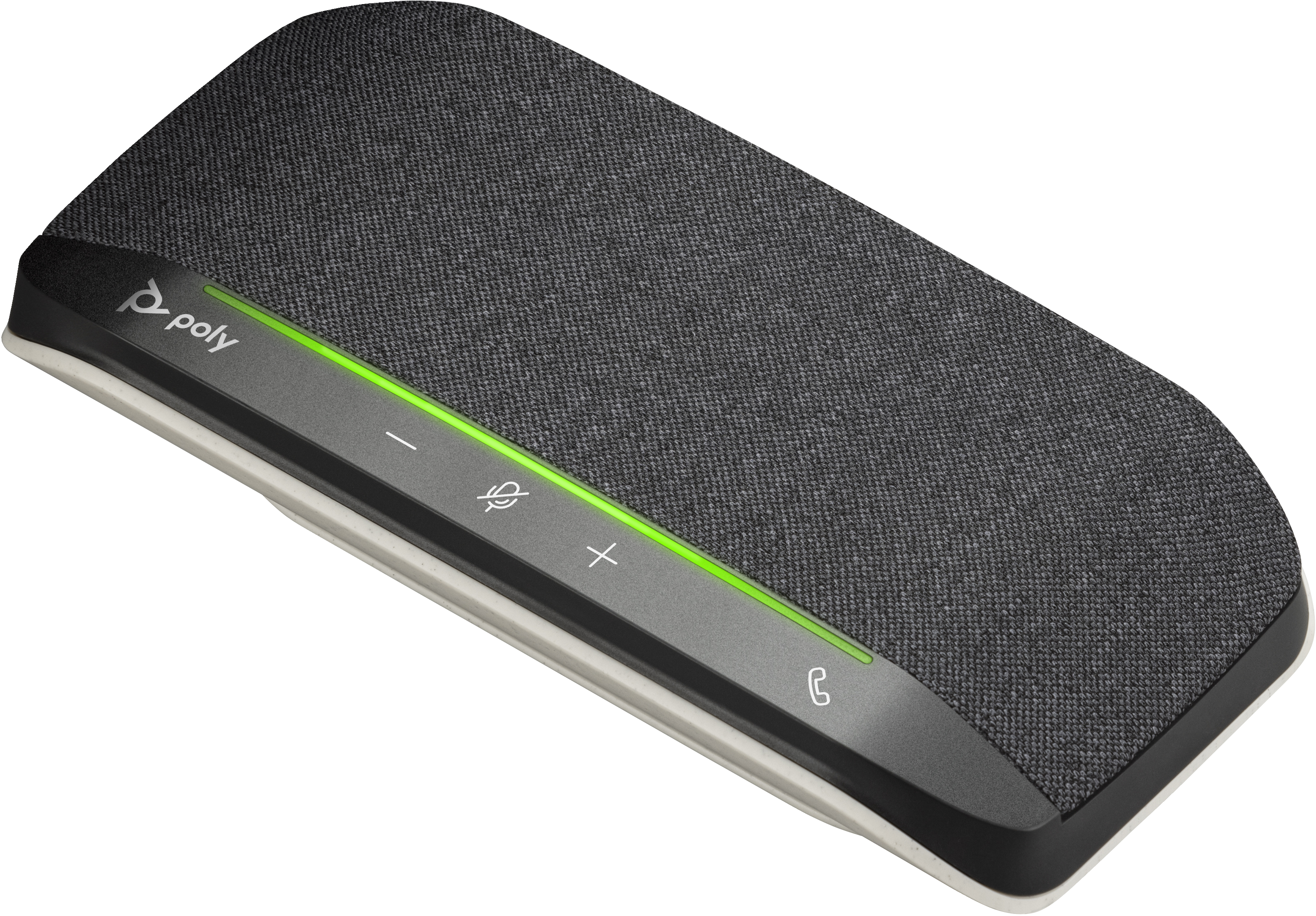 Un altoparlante nero rettangolare con parte superiore in tessuto grigio. Ha controlli volume e muto, un'icona del telefono e una striscia luminosa verde.