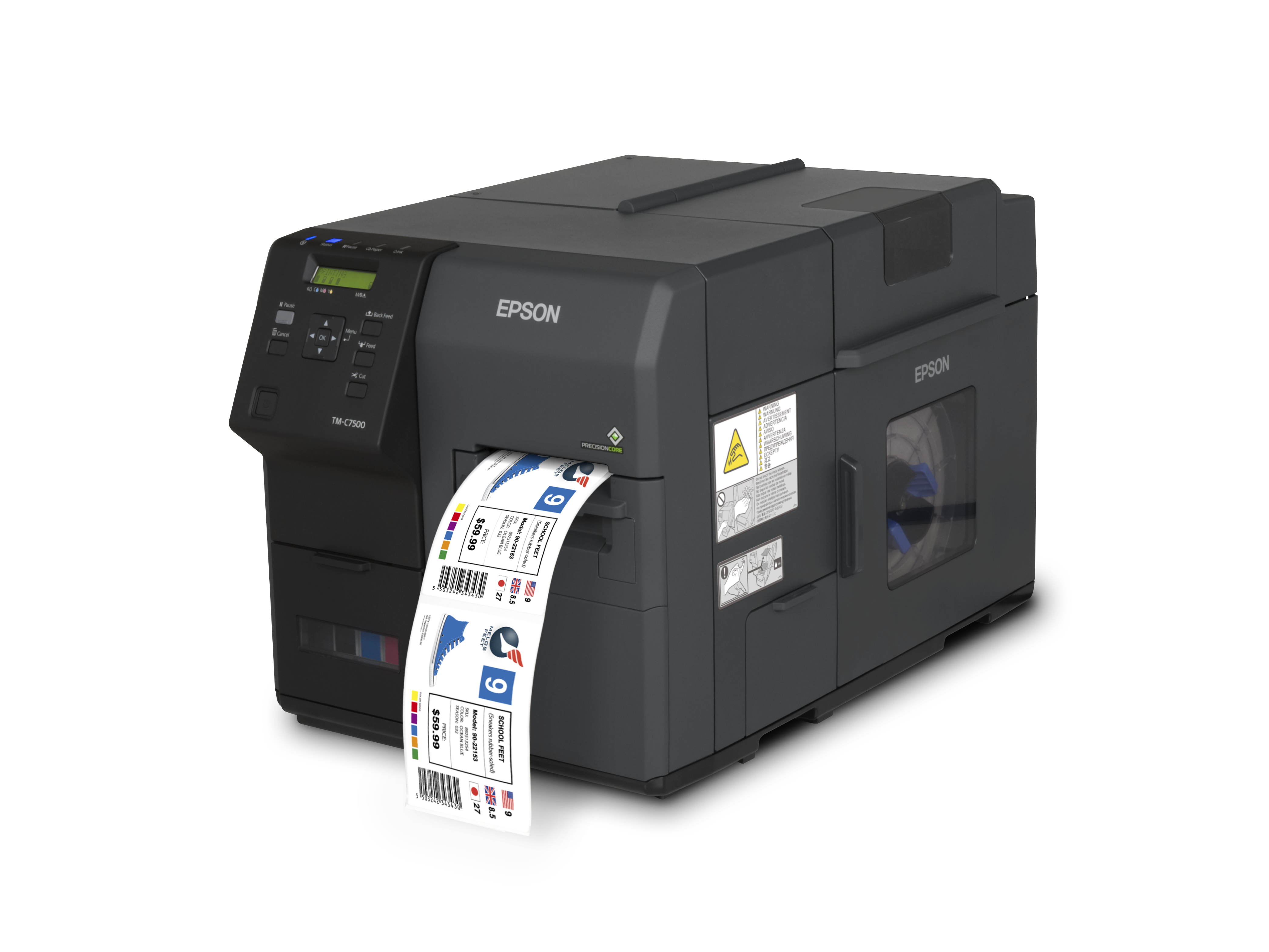 Ein Epson TM-C7500 Etikettendrucker, der ein Etikett mit Schuhdetails druckt. Grauer Drucker auf weißem Untergrund.