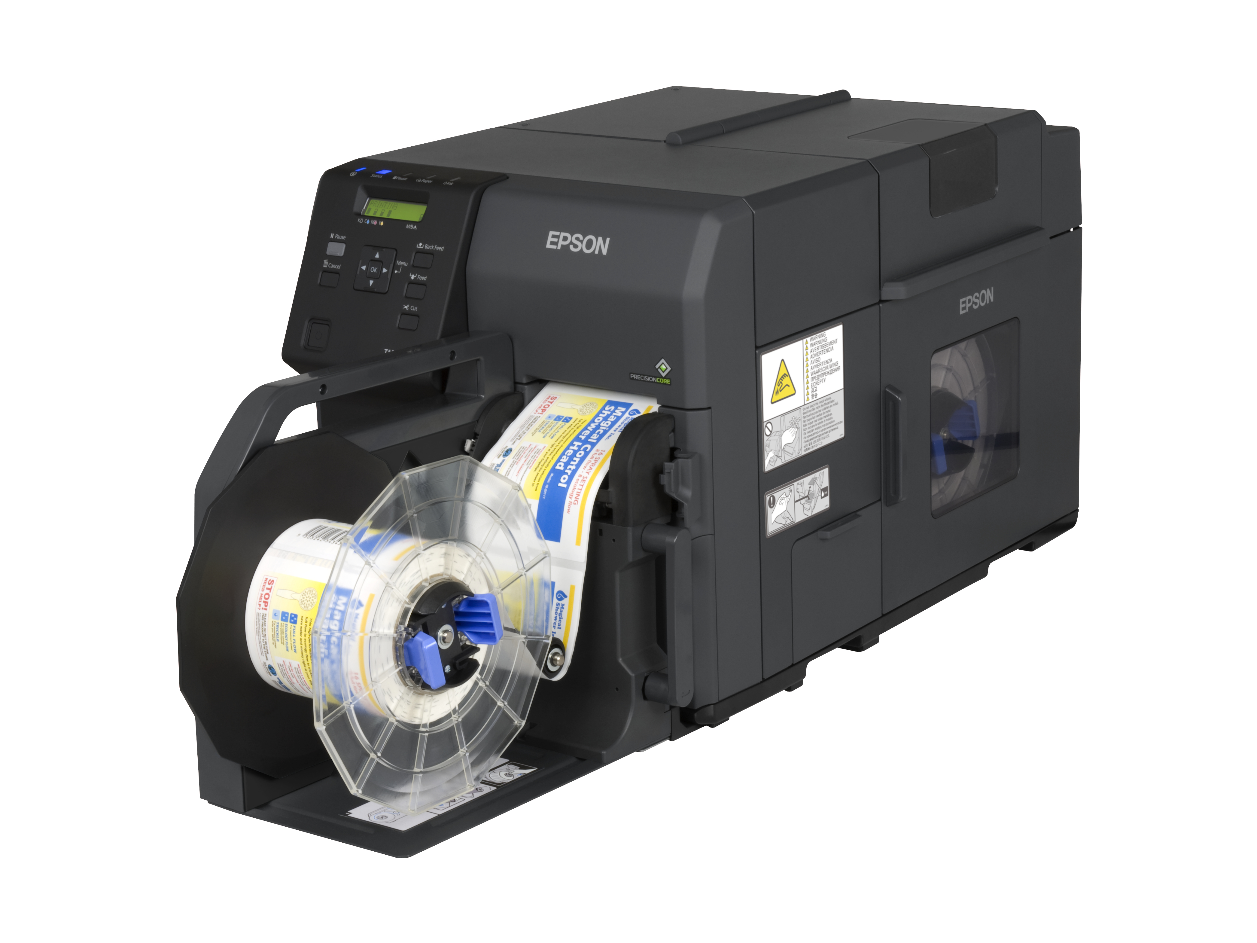 Grauer Epson-Etikettendrucker mit einer Etikettenrolle. Er hat ein Bedienfeld und eine transparente Kunststoffabdeckung.