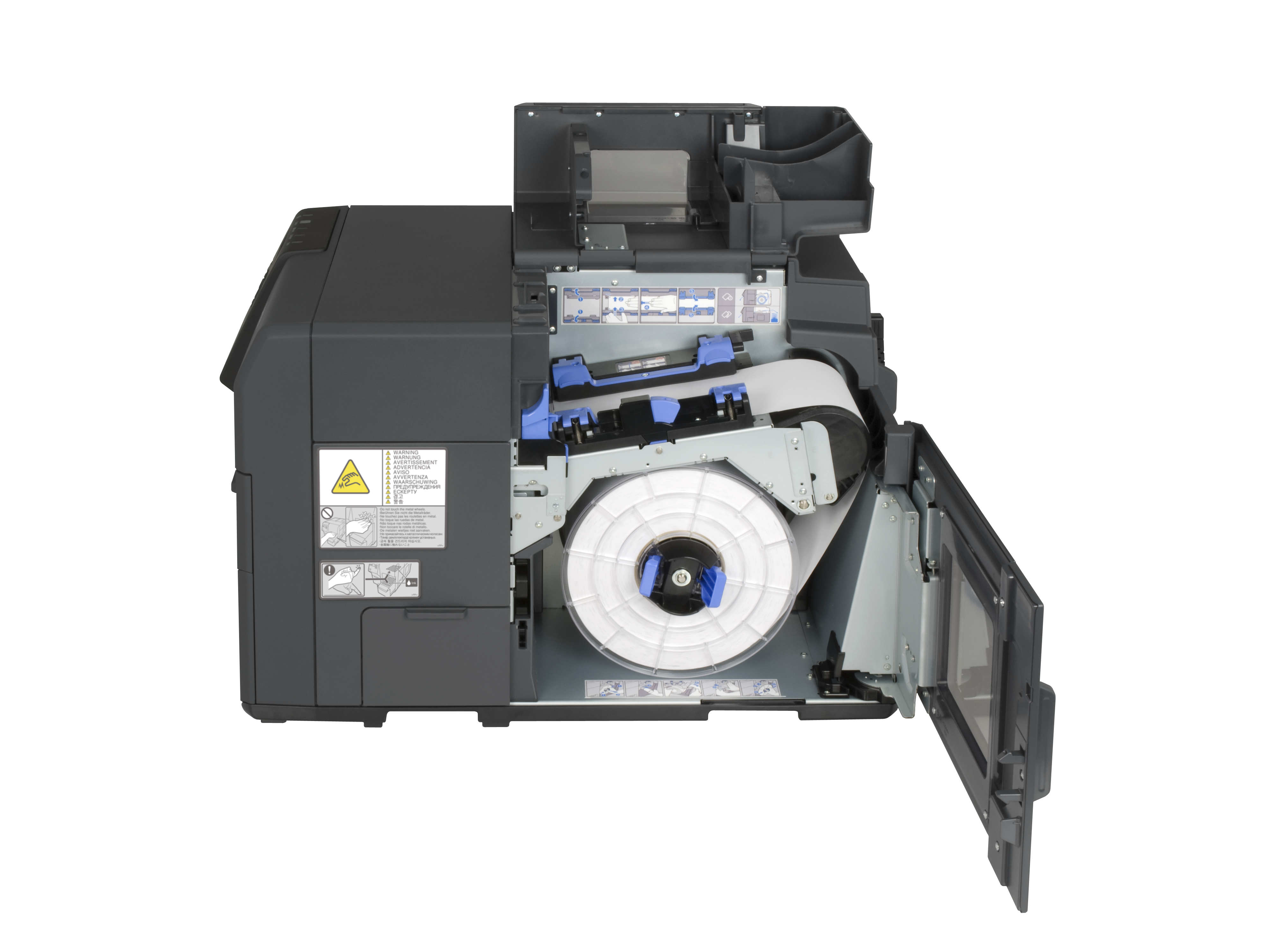 Offener Drucker mit Papierrolle. Auf der Seite ist ein Warnschild zu sehen.