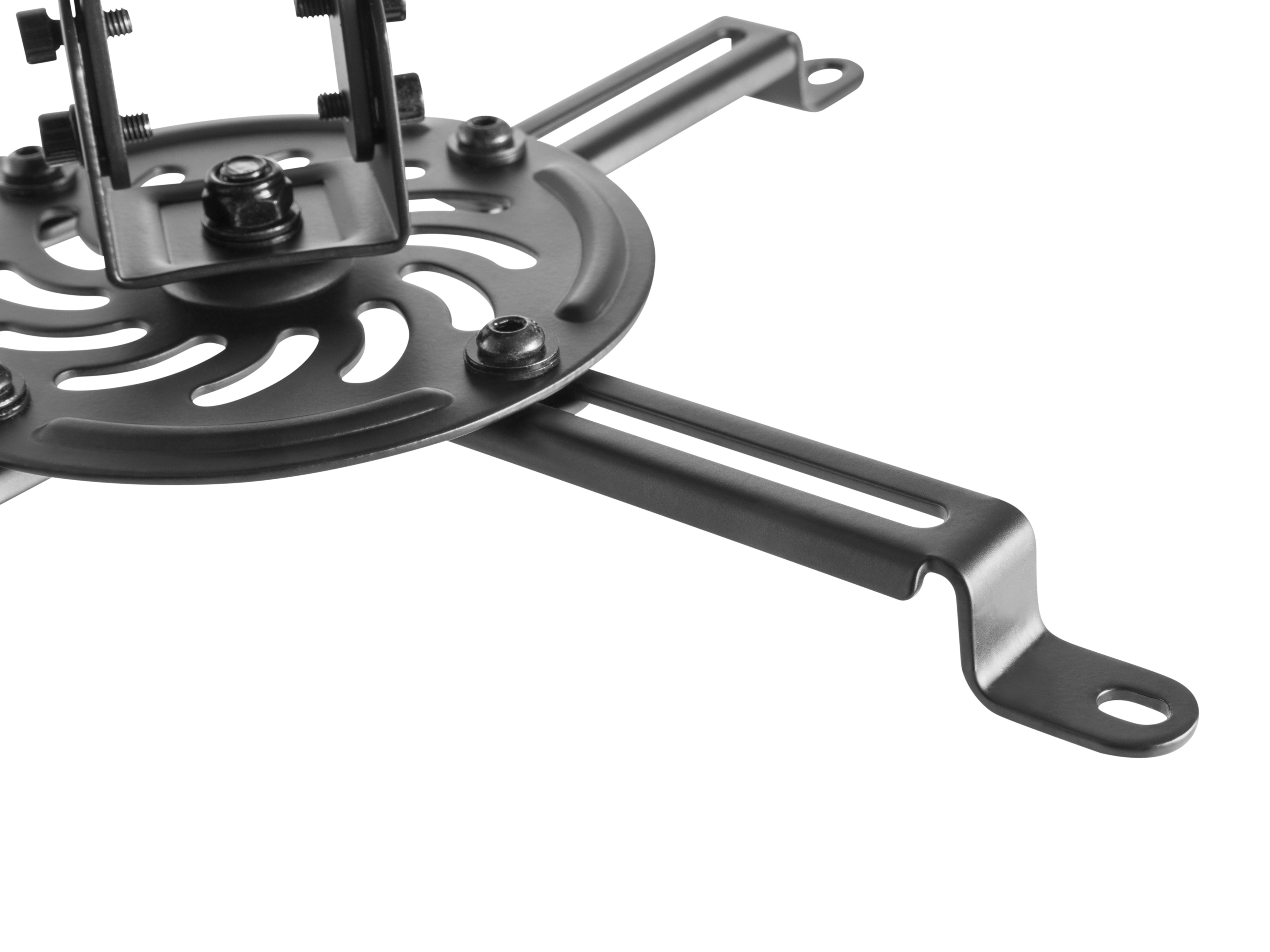 Czarny uchwyt do projektora na białym tle. Posiada okrągłą płytę z wycięciami i różnymi ramionami.