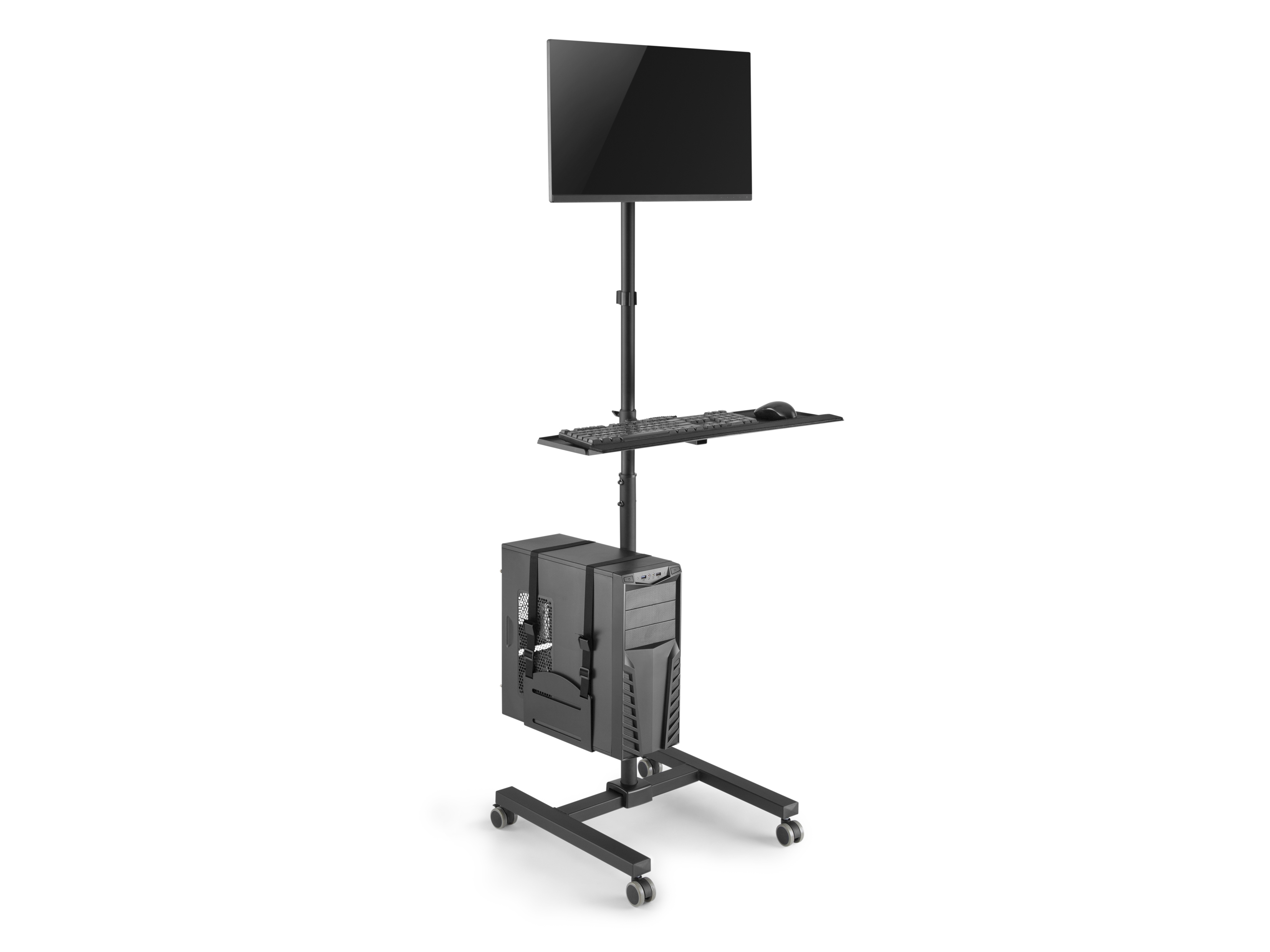 Ein Computerständer mit Monitor, Tastatur und CPU. Er steht auf Rollen. Alle Gegenstände sind schwarz.