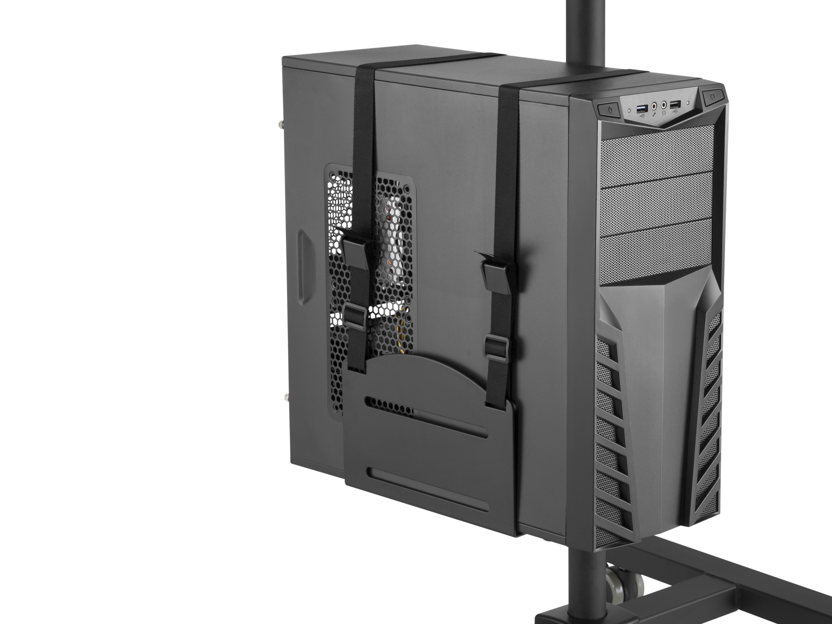 Ein schwarzer Computer-Tower ist auf einem Ständer montiert. Er hat eine Gitterfront und wird mit schwarzen Gurten gesichert.