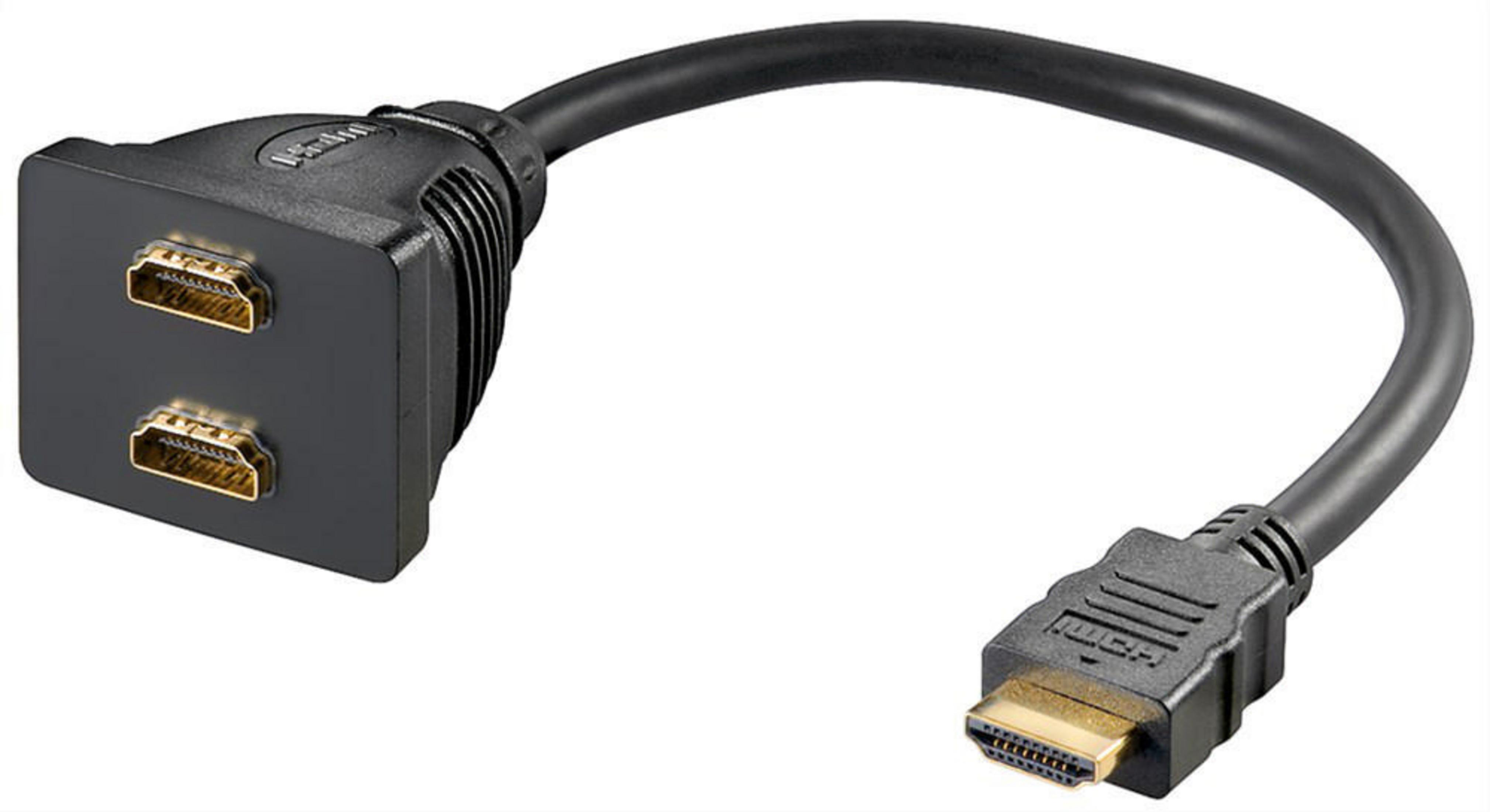 Schwarzes HDMI-Splitterkabel. Es hat zwei HDMI-Buchsen und einen HDMI-Stecker. Die Anschlüsse haben goldene Stecker.