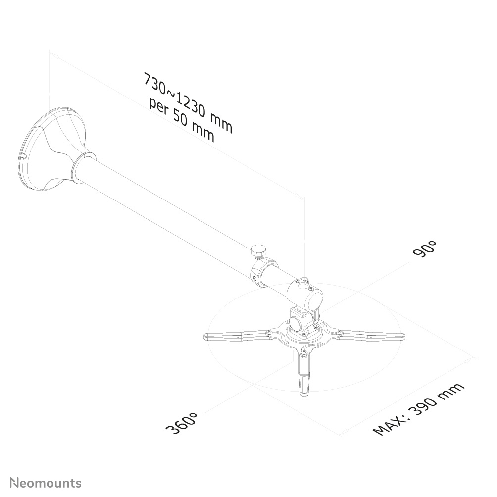Biały uchwyt do projektora. Posiada płytę sufitową, regulowane ramię i podstawę z czterema wysuwanymi ramionami. Pokazano wymiary.
