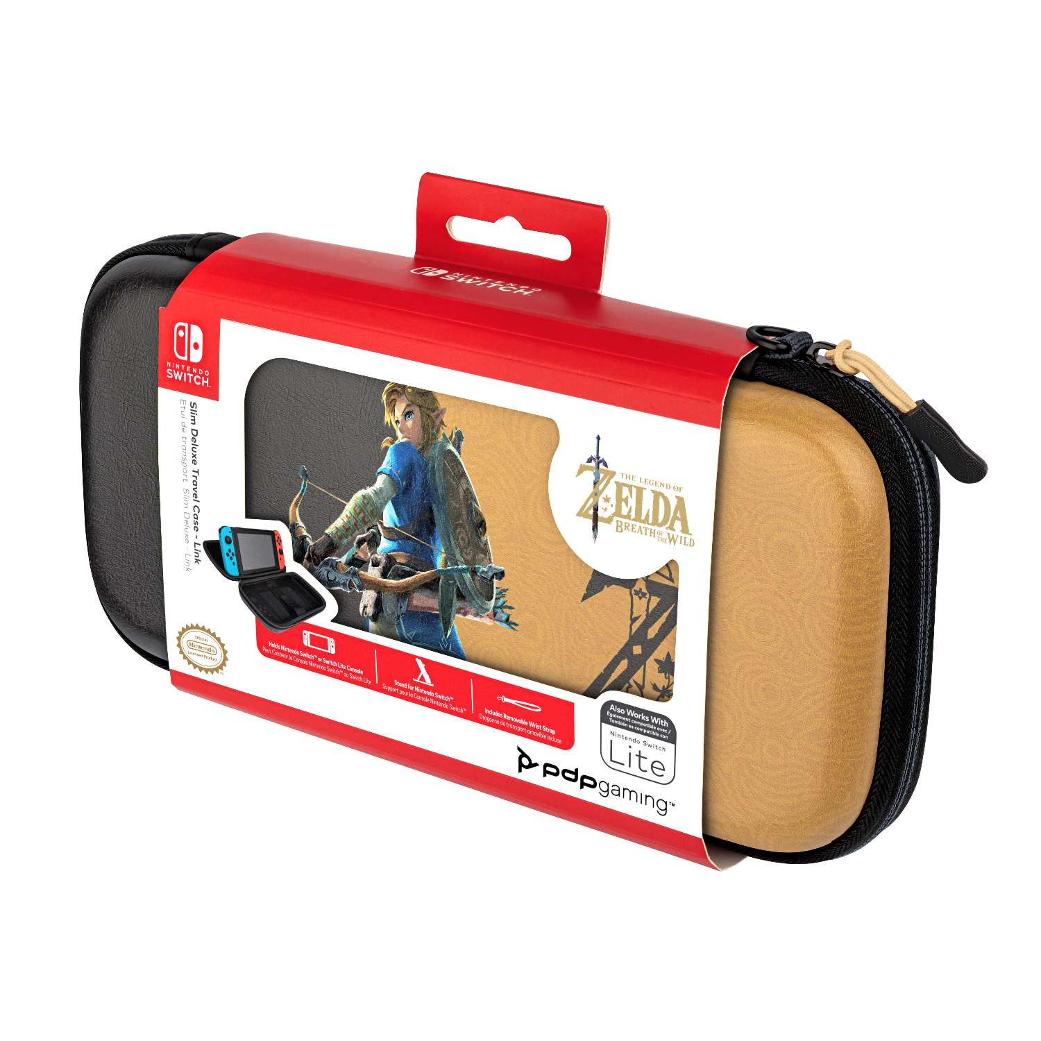 Etui podróżne Nintendo Switch z grafiką Zelda. Etui jest czarne i brązowe, z czerwoną skrzynką na górze. Na skrzynce napis 'Nintendo Switch Lite'.