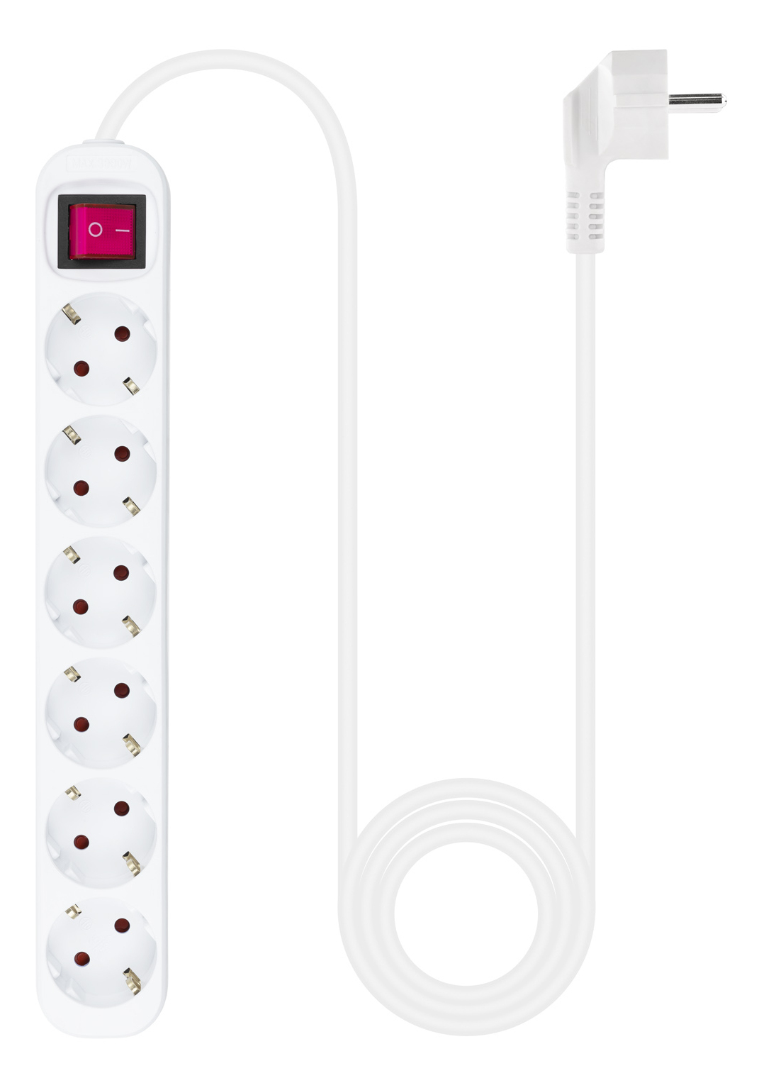 Biała listwa zasilająca z sześcioma gniazdami, czerwonym włącznikiem i białą wtyczką. Kabel również jest biały.
