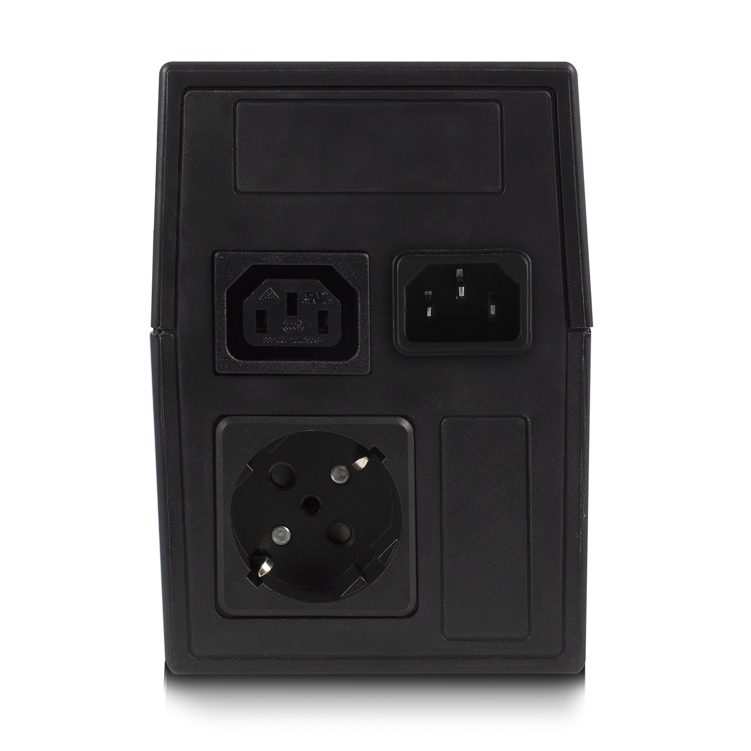 Adaptador de corriente negro con tres enchufes diferentes. El fondo es blanco.