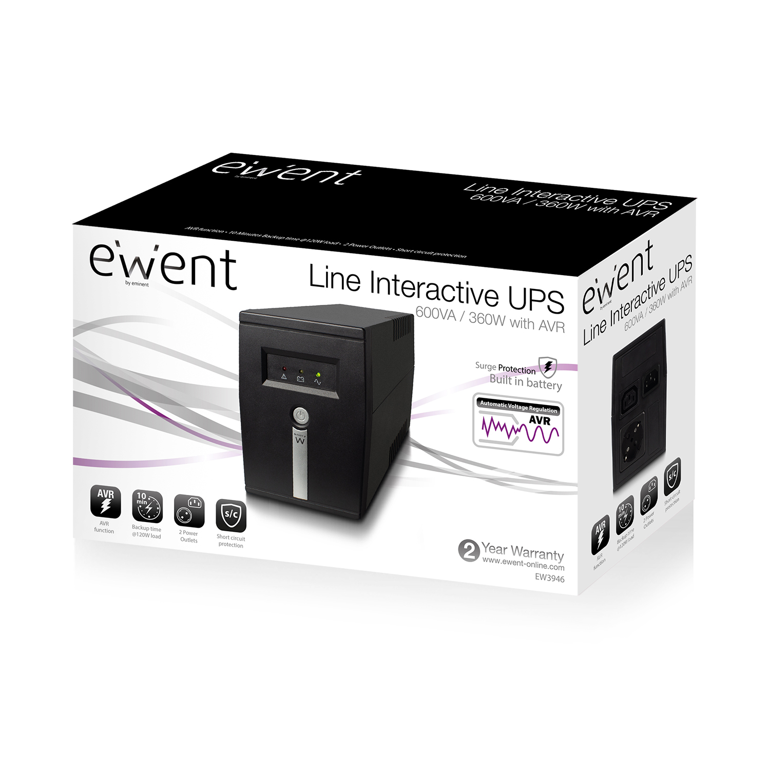Una caja negra ewent Line Interactive UPS con texto y gráficos, incluyendo función AVR y garantía de 2 años.