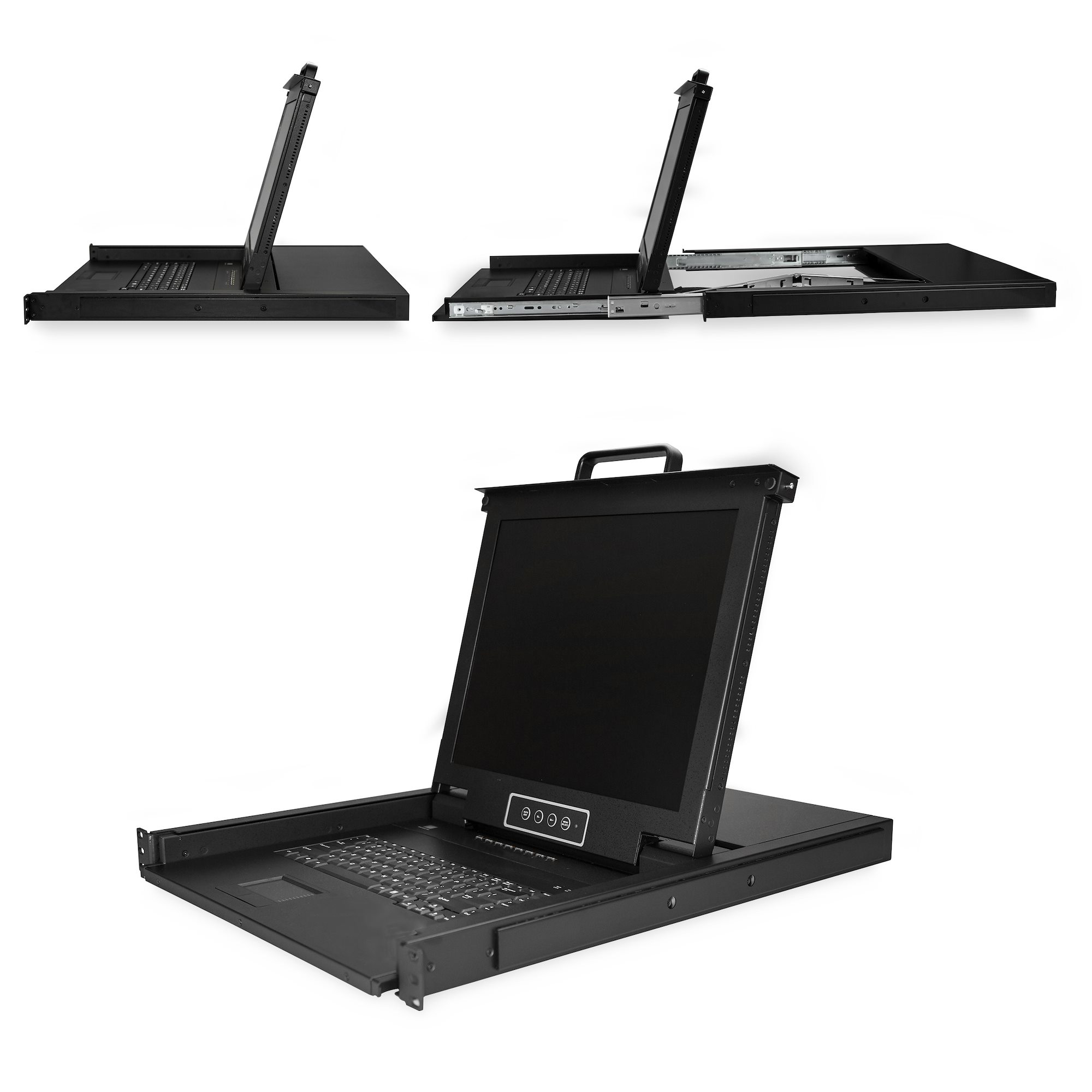 Rack de servidor negro con teclado, monitor y botones de control. La pantalla está inclinada hacia arriba.
