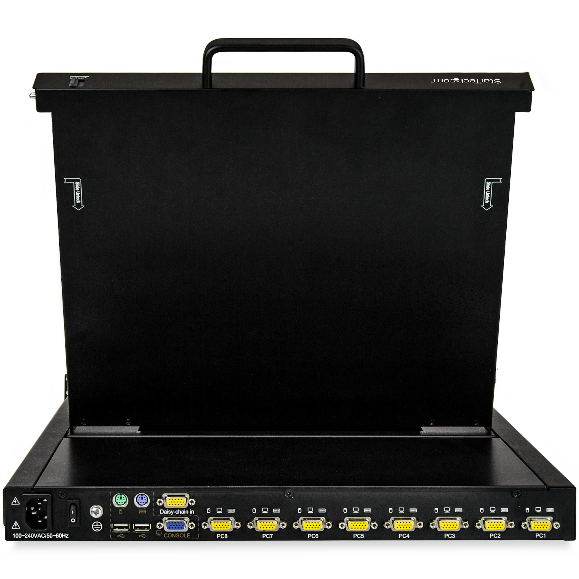 Conmutador KVM negro con puertos, asa e instrucciones de desbloqueo deslizante. Logotipo de StarTech.com visible. Puertos PC1-PC8 y Consola.