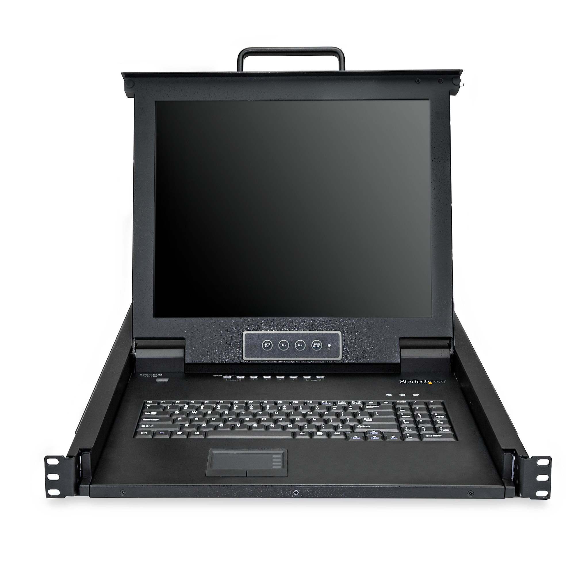 Una consola KVM negra montable en rack con pantalla, teclado y panel táctil. Está sobre un fondo blanco.