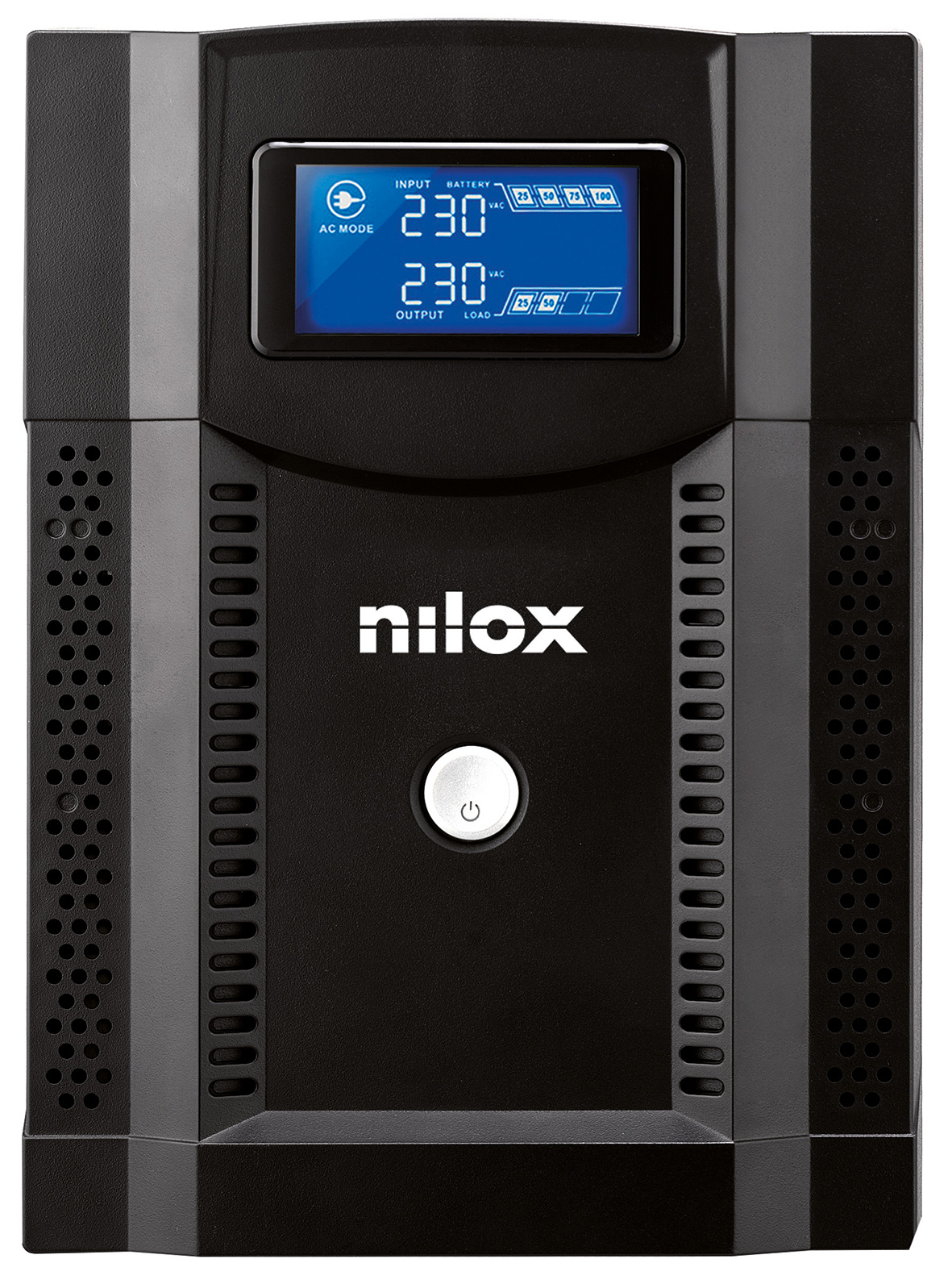 SAI negro con pantalla digital que muestra el voltaje y el estado de la batería. Visible la marca "nilox".