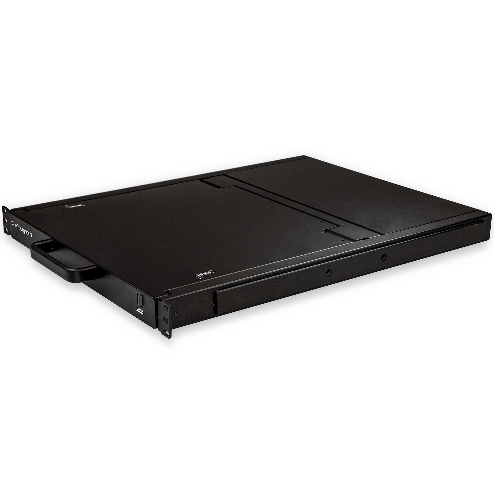 Una consola rackmount negra StarTech.com. Tiene un asa, botones y un cajón deslizante sobre un fondo blanco.