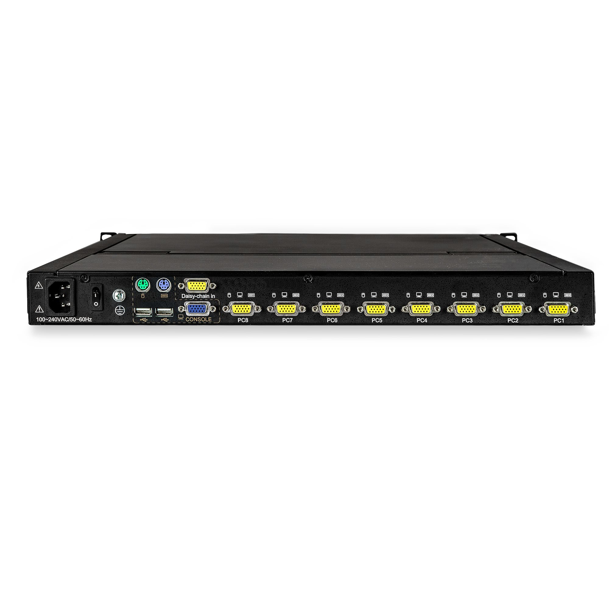 Servidor negro con múltiples puertos y conectores. Puertos etiquetados PC1 a PC8, consola y conexión en cadena.