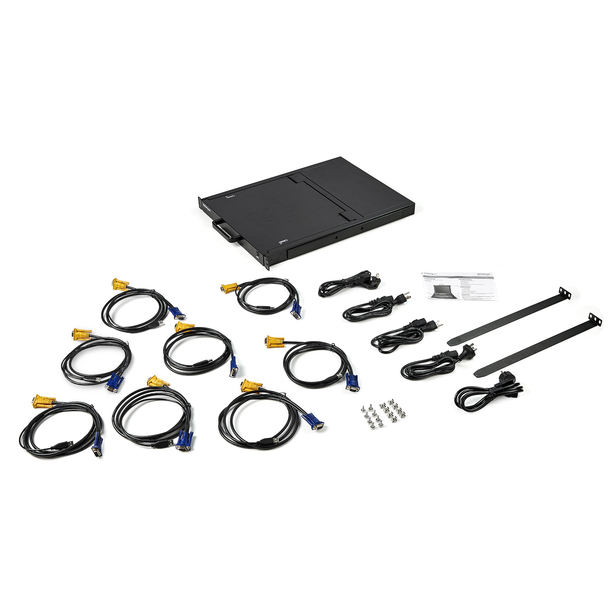 Escritorio de ordenador negro con cables, cables de alimentación, tornillos y soportes sobre fondo blanco. Componentes.