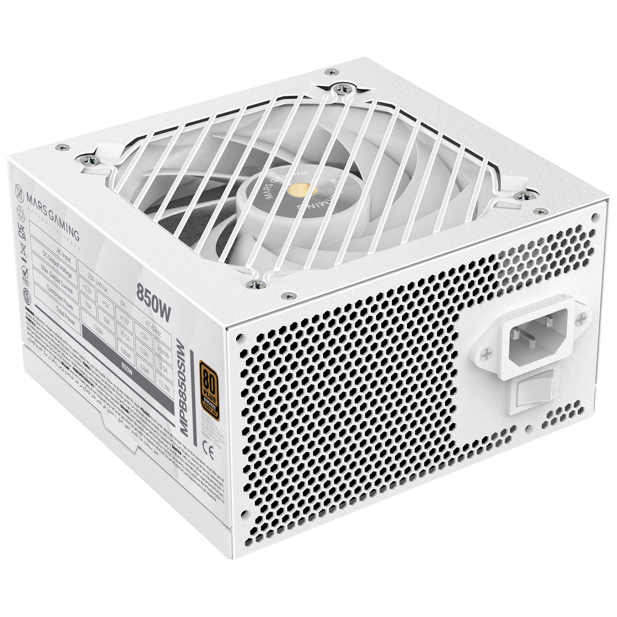 Un alimentatore Mars Gaming 850W bianco. Ha una ventola e un design a nido d'ape. Ci sono delle etichette.