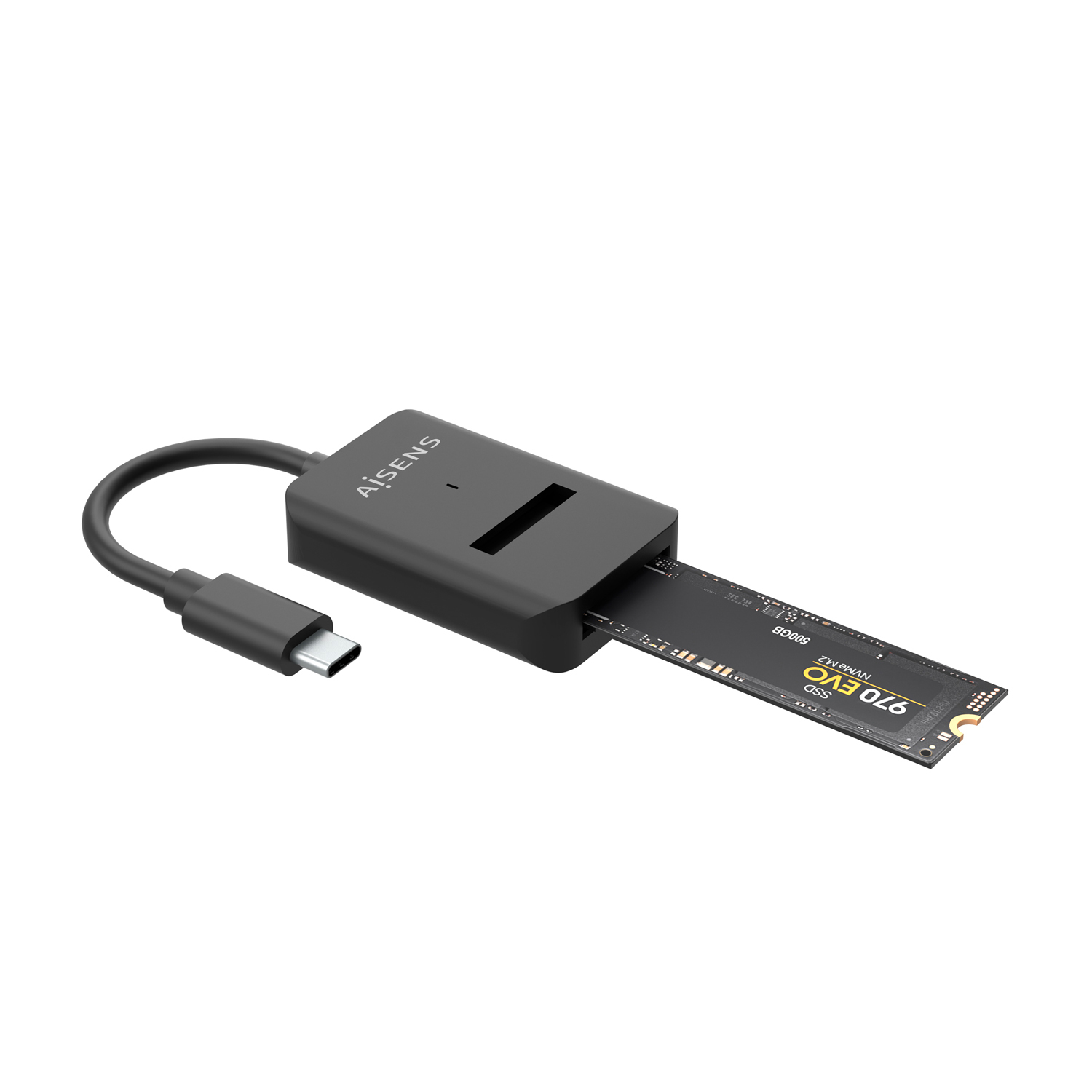 Una carcasa SSD externa negra con cable USB-C y una tarjeta SSD con la etiqueta '970 EVO' insertada.