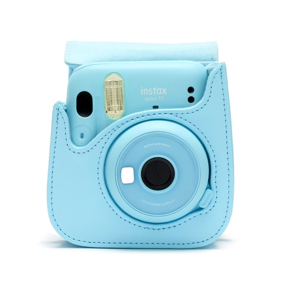 A light blue Instax Mini 11 camera in a matching case. The lens is visible, with the brand name and focus details.