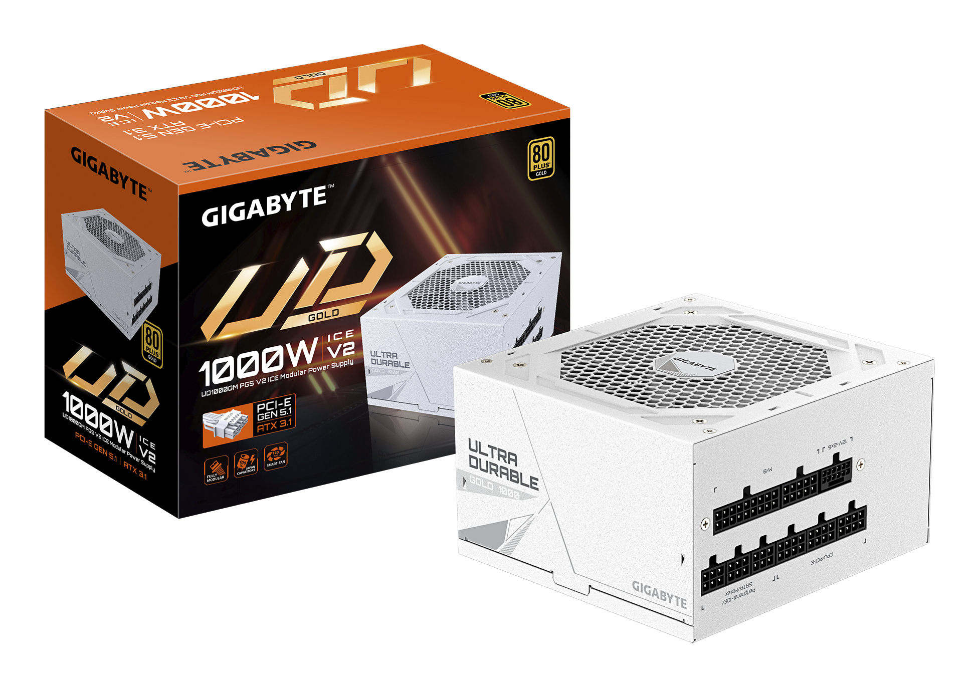 Biały zasilacz Gigabyte UD Gold 1000W z pudełkiem. Pudełko jest pomarańczowo-czarne i pokazuje nazwę i szczegóły produktu.