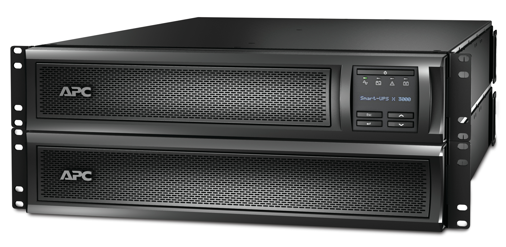 APC Smart-UPS X 3000 negro. Tiene pantalla, botones de control y rejillas de ventilación. Diseño para montaje en rack.