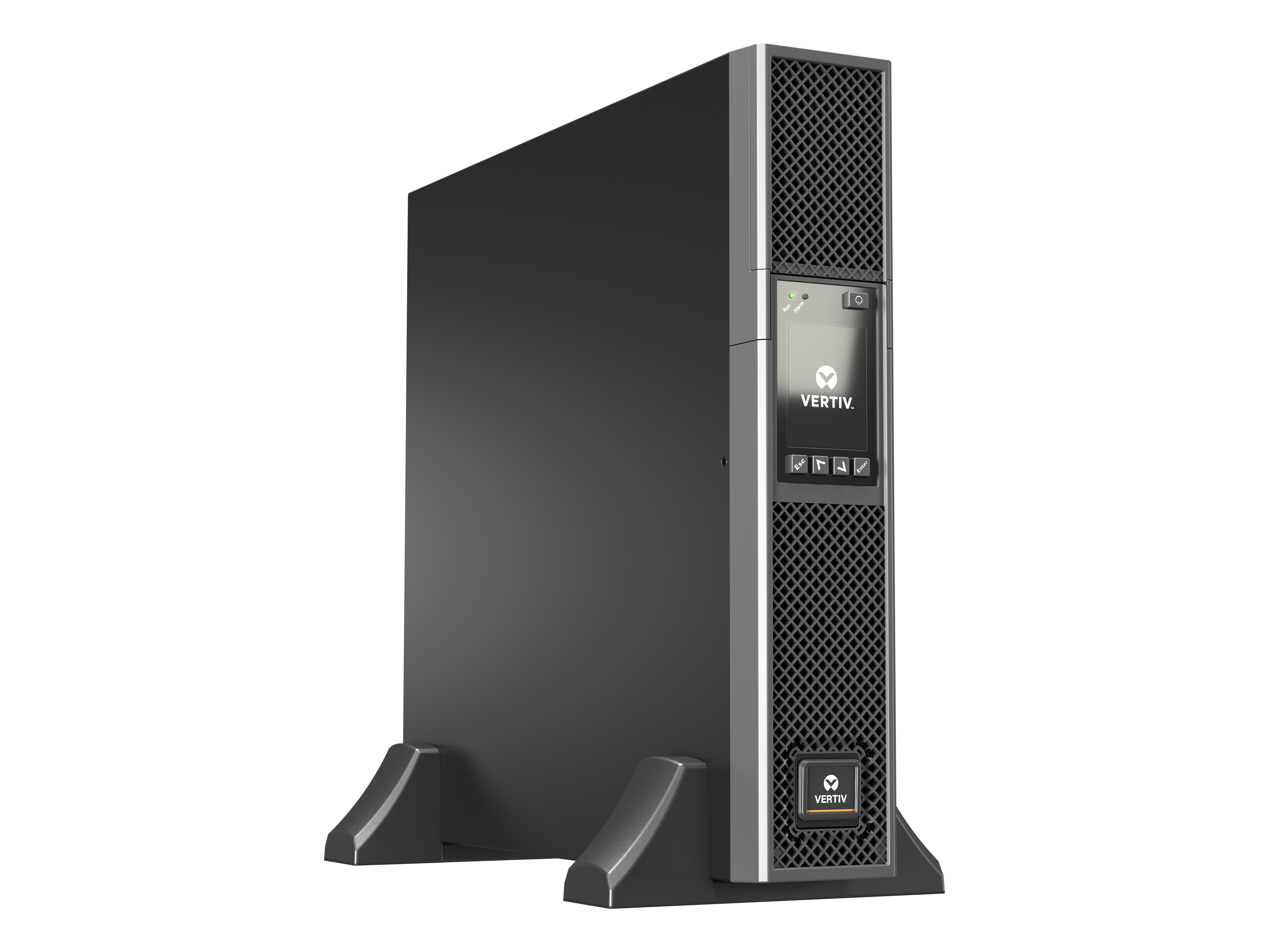 Un dispositivo UPS Vertiv negro, de pie. Tiene una parte frontal de malla, un panel de control y está sobre un fondo blanco.